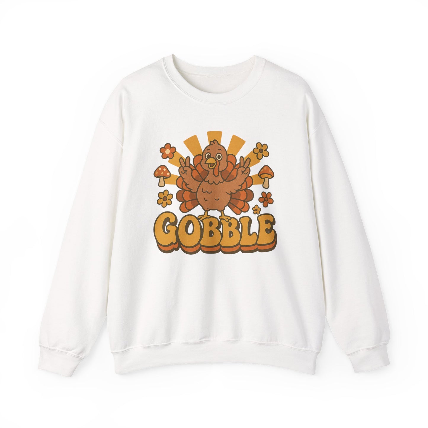 Gobble Turkey Sweatshirt, Retro Fall Turkey Crewneck, Thanksgiving Graphic Pullover, Autumn Mushroom & Flower Design, Cozy Fall Top