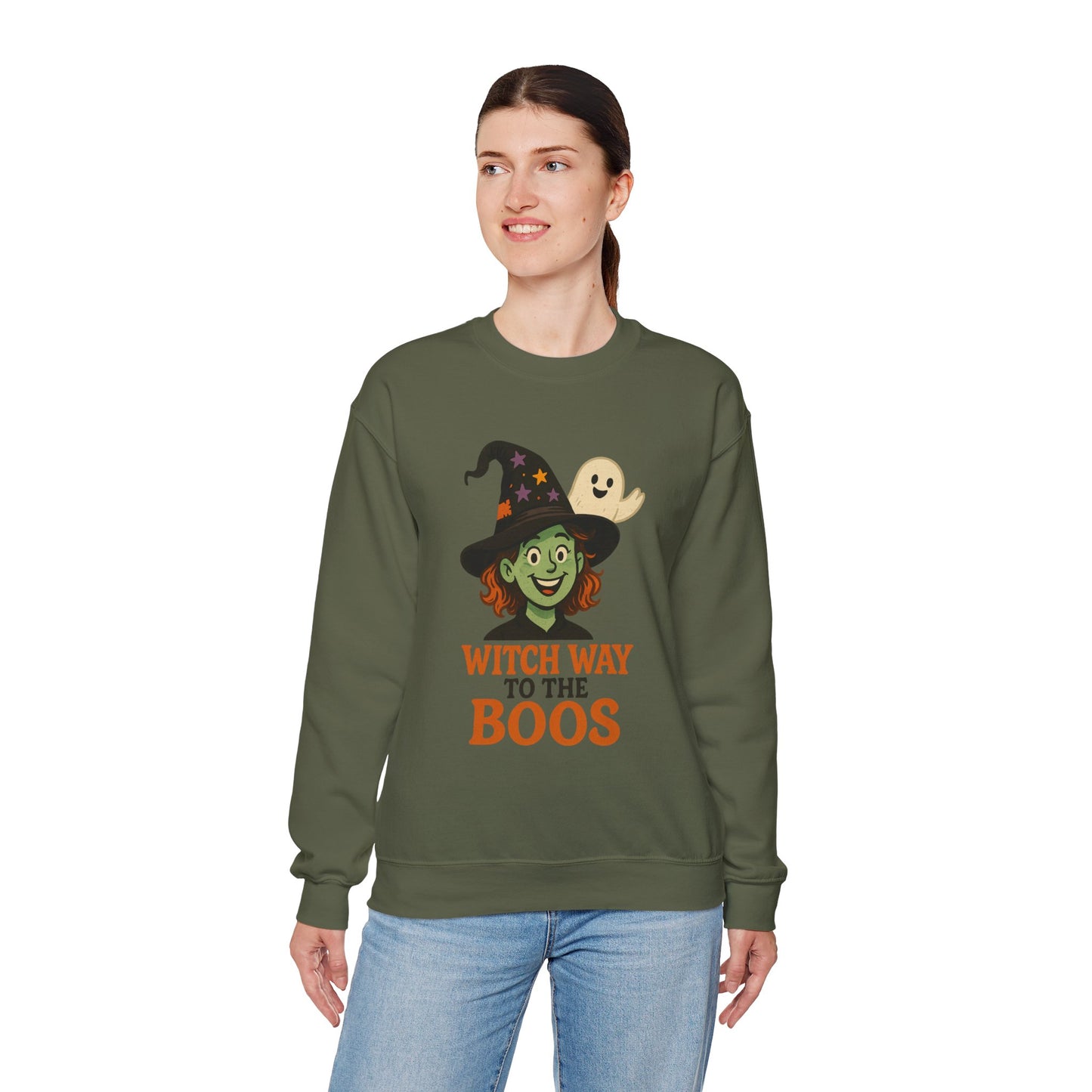 Witch Way To The Boos Sweatshirt, Funny Witch Halloween Crewneck, Witchy Ghost Sweatshirt, Spooky Season Graphic Pullover, Lighthearted Halloween Wear