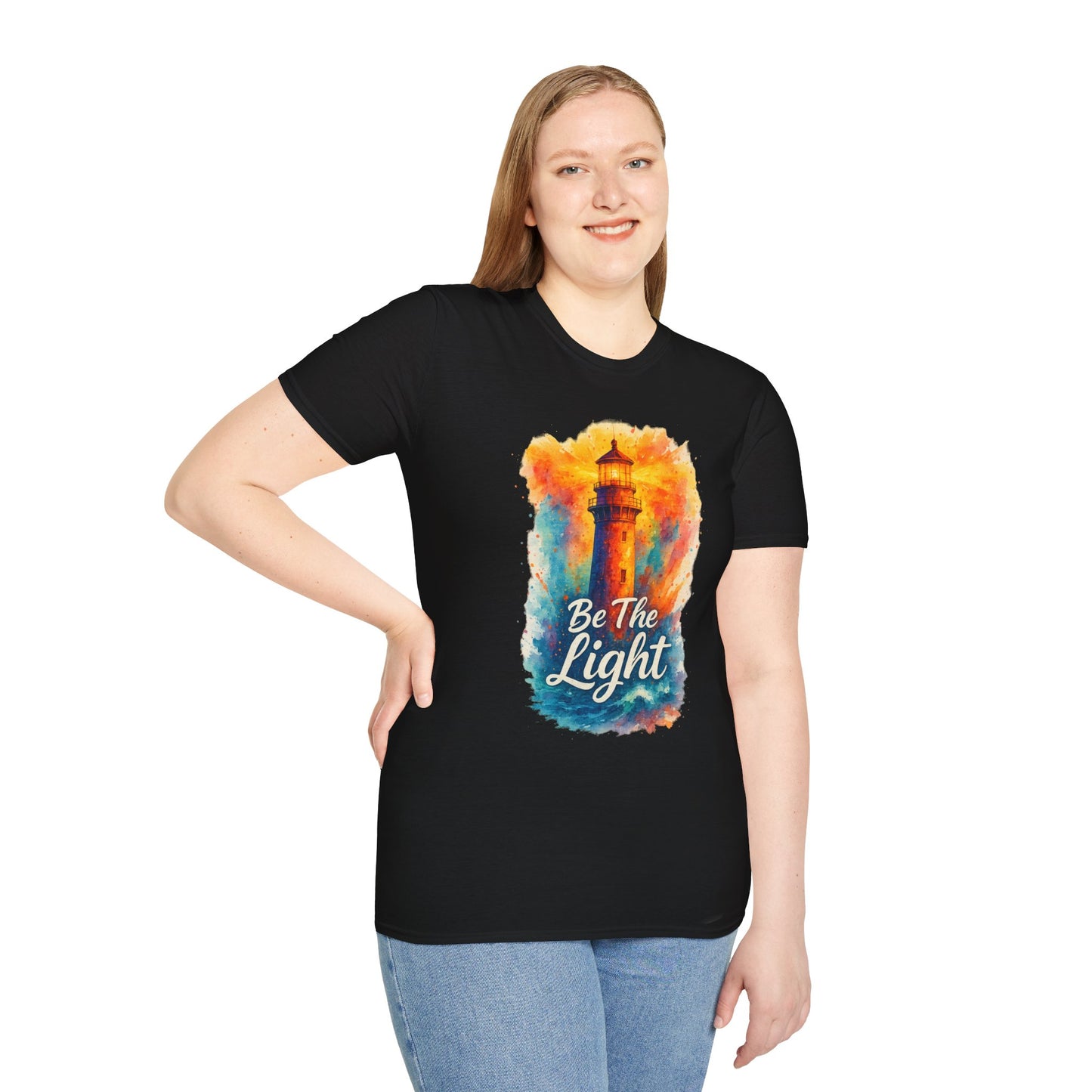 Be The Light Lighthouse T-Shirt | Inspirational Spiritual Tee | Coastal Nautical Gift for Her and Him | Unisex Softstyle Graphic Tee