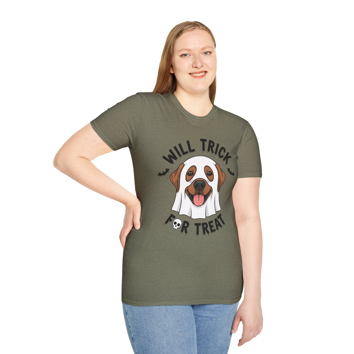 Will Trick for Treat Ghost Dog Halloween T-Shirt | Funny Spooky Dog Tee | Trick or Treat Pup Graphic Tee | Cute Fall Gift for Dog Lovers