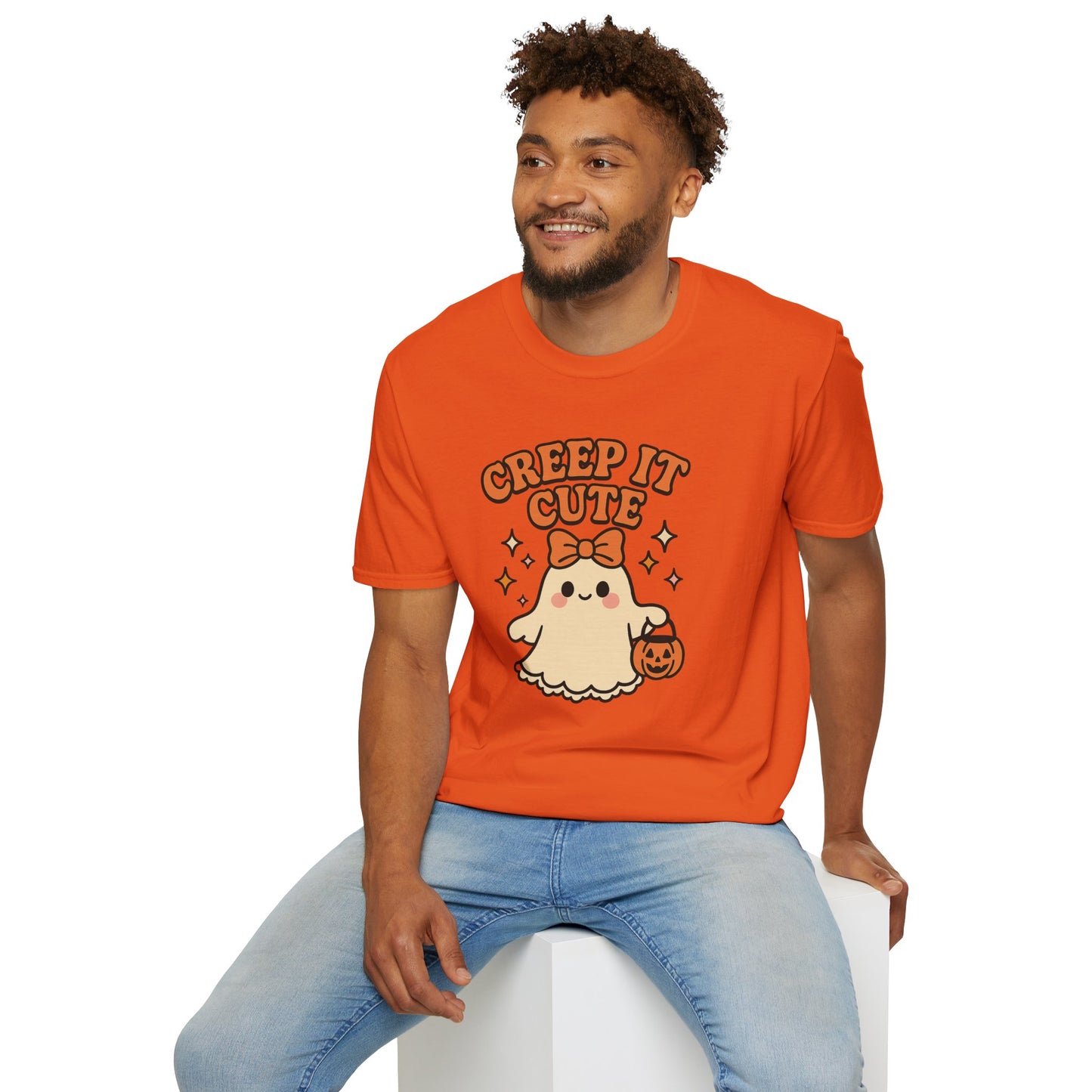 Creep It Cute Ghost Halloween Shirt - Kawaii Ghost Tee with Bow and Pumpkin, Spooky-Cute Fall Graphic T-Shirt, Spooky Season Halloween Top