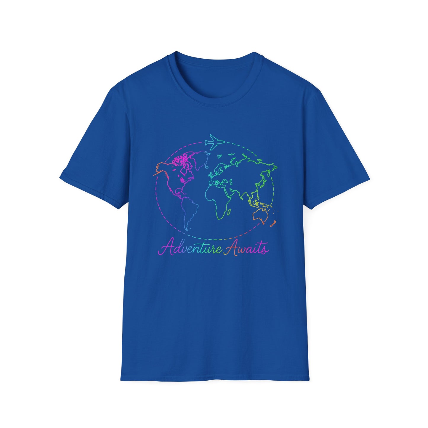 Adventure Awaits Neon Y2K Shirt - Retro Travel Tee, Rainbow Globe Graphic, Aesthetic Vacation Top, Y2K Gift for Travelers