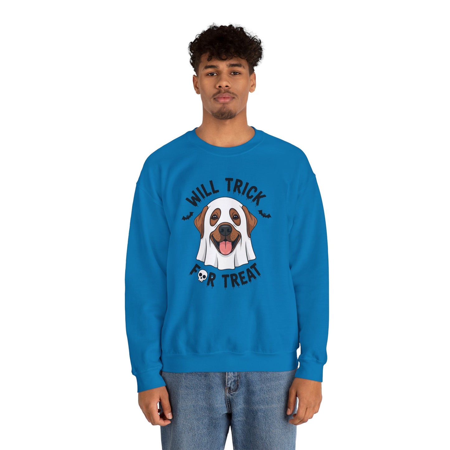 Will Trick for Treat Sweatshirt, Ghost Dog Halloween Crewneck, Funny Pet Costume Graphic Pullover, Trick-or-Treat Dog Lover Gift Sweater