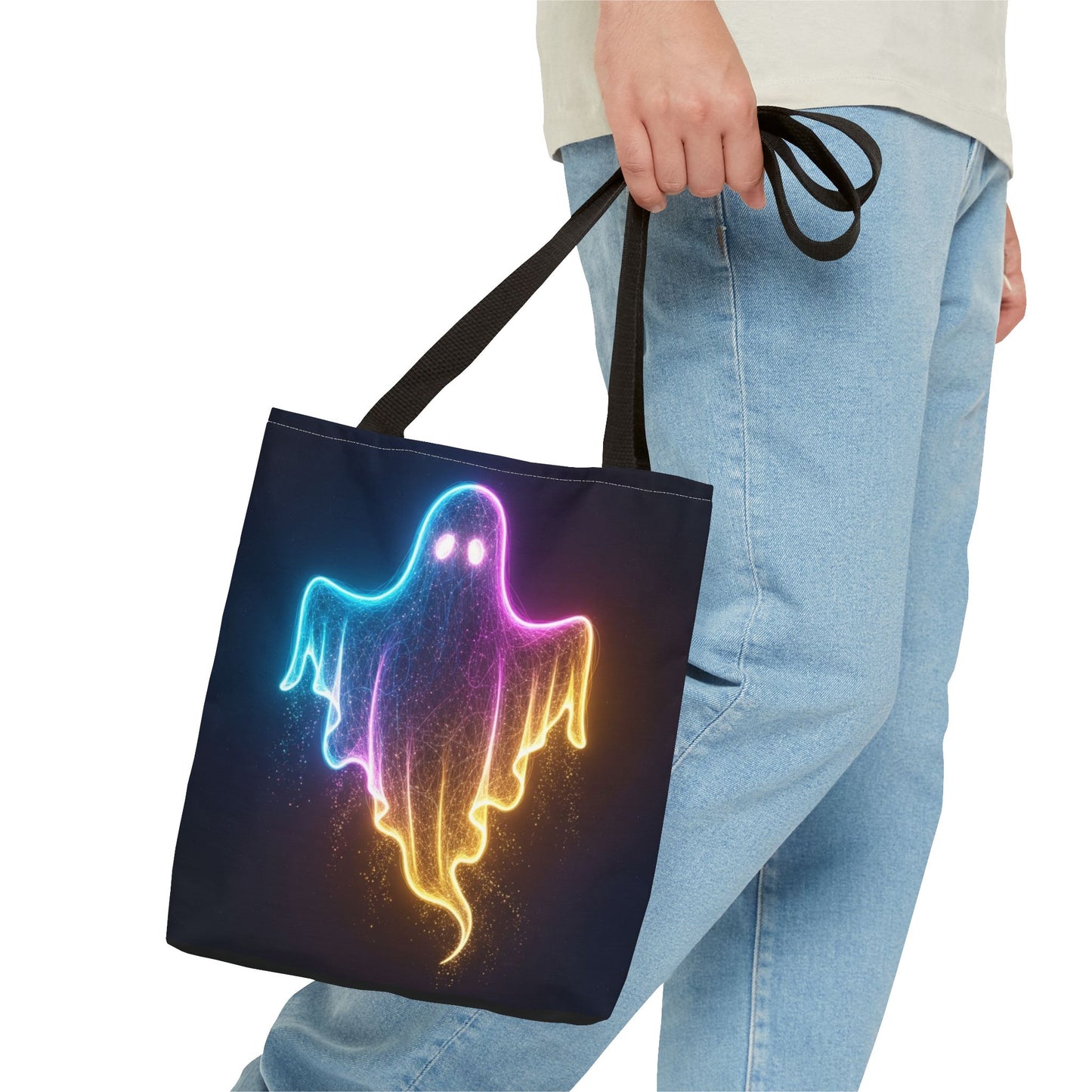 Neon Ghost Tote Bag - Bright Colorful Ghost Print Shoulder Tote, Spooky Cute Reusable Canvas Bag, Halloween Aesthetic Everyday Carry