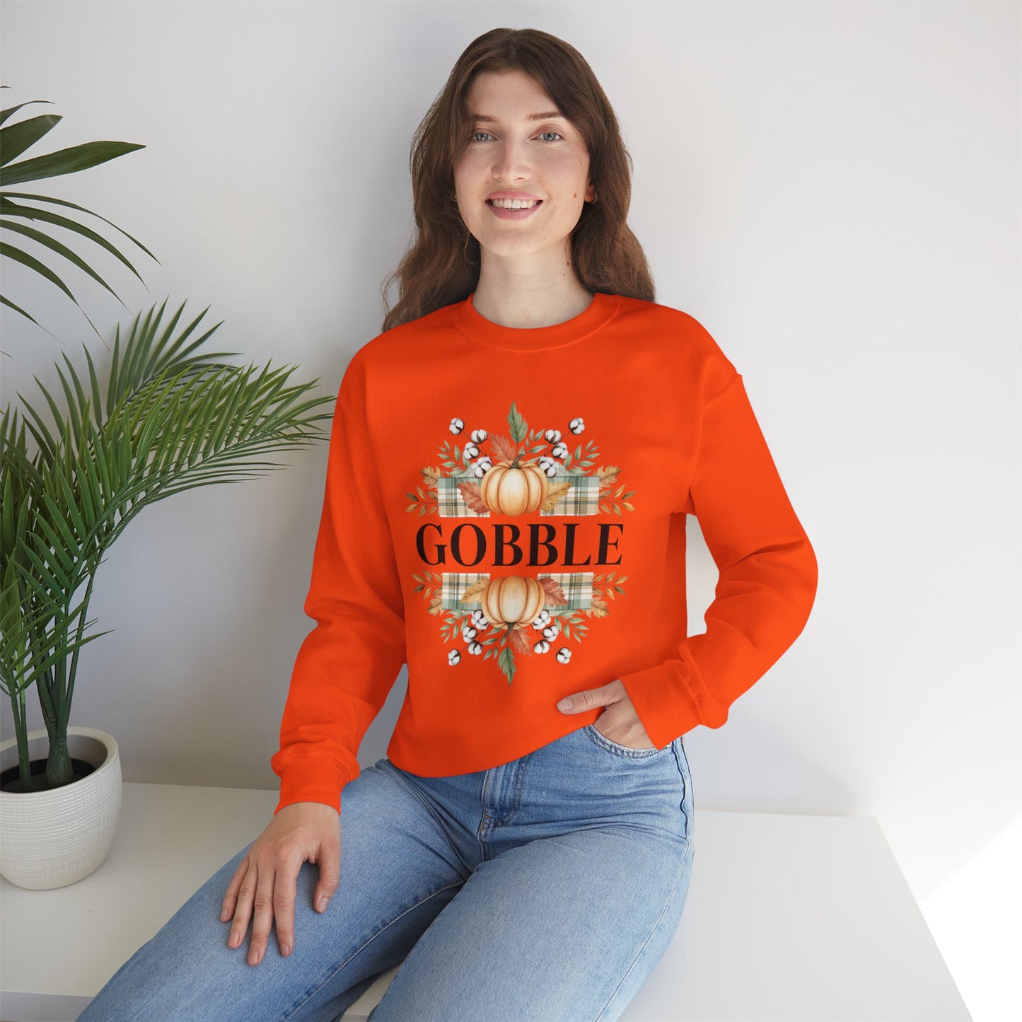 Gobble Turkey Sweatshirt, Thanksgiving Gobble Crewneck, Autumn Pumpkin Leaves Pullover, Fall Graphic Sweatshirt, Cozy Turkey Shirt