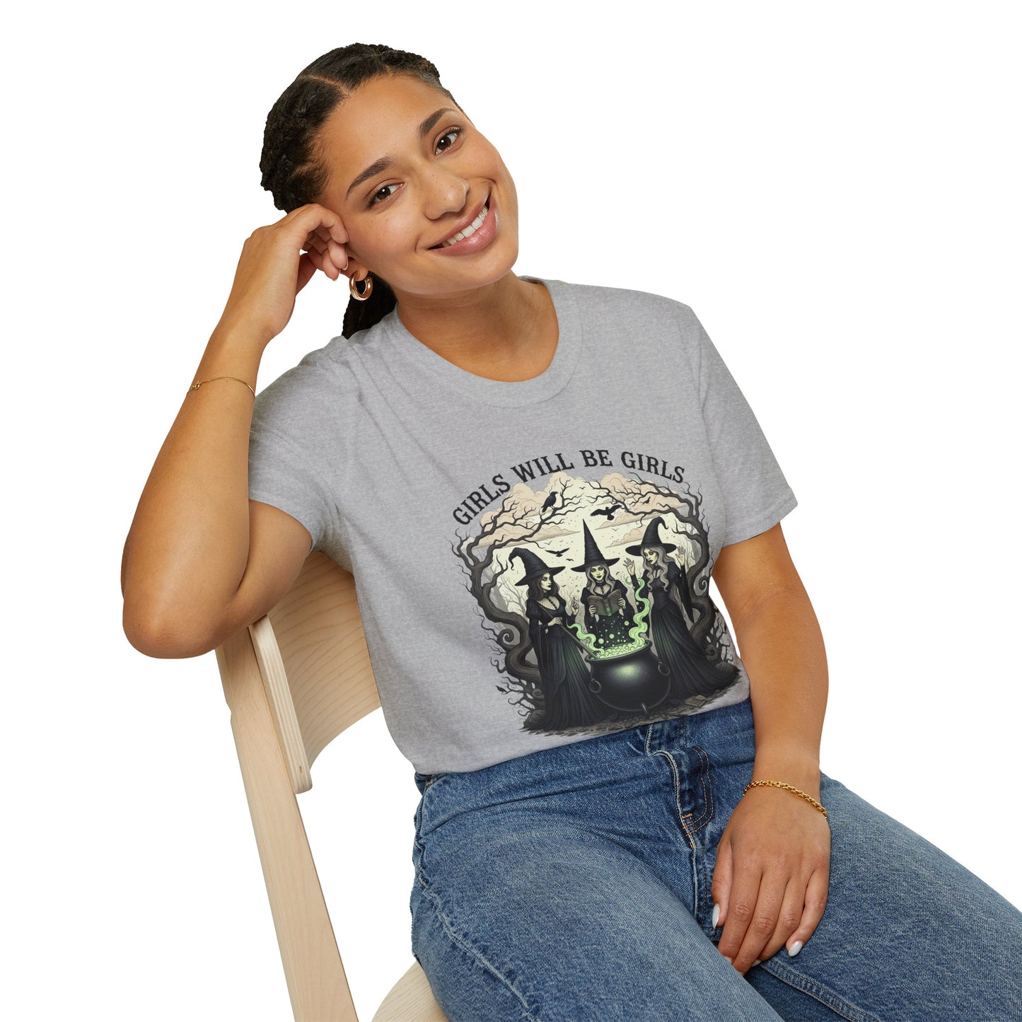 Girls Will Be Girls Witch Tee - Witches Brewing Cauldron Shirt - Halloween Witchy Vintage Feminist Spooky Gift for Women