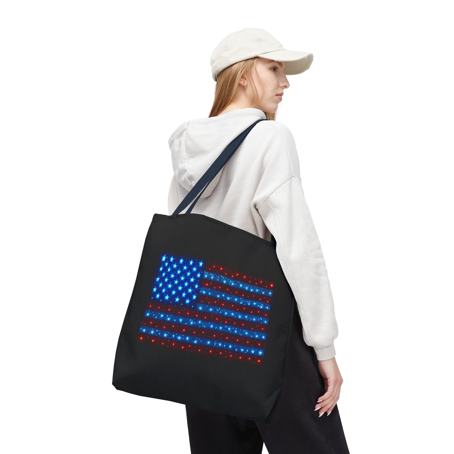 Galaxy Bioluminescent USA Flag Tote Bag - Patriotic Cosmic Canvas Shopper - Starry Red White Blue Tote Non-Glow - 4th July Gift