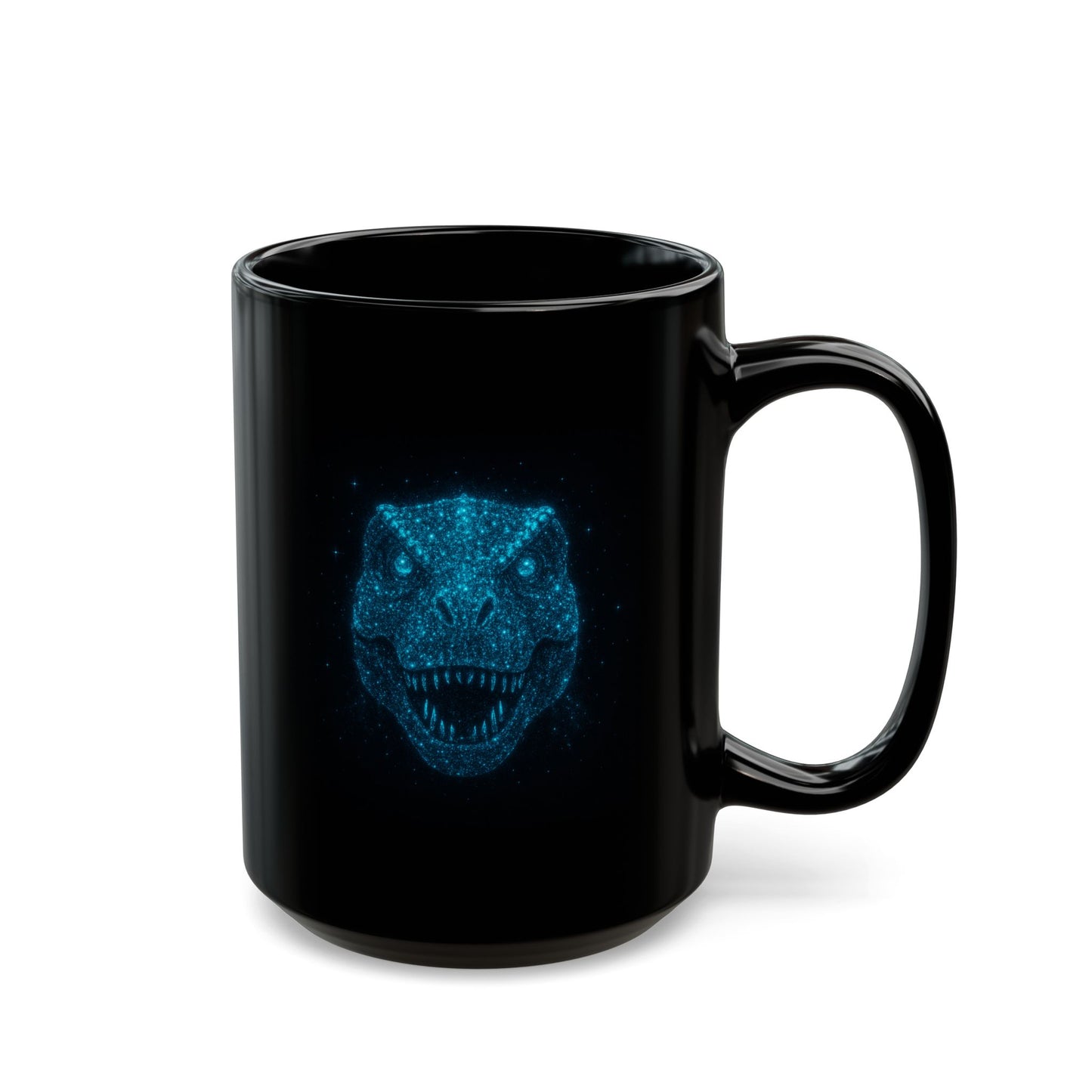 Galaxy Dinosaur Coffee Mug • Neon Blue T-Rex Cup • Cosmic Dinosaur Art Mug • Sci-Fi Dino Gift • Black Ceramic Coffee Mug 11oz 15oz