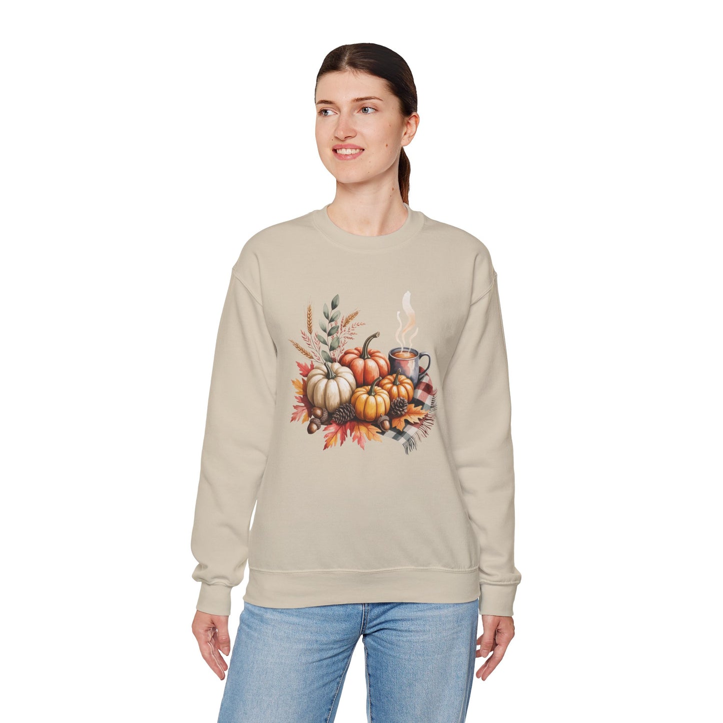 Fall Pumpkin Sweatshirt, Cozy Autumn Crewneck, Thanksgiving Sweater With Pumpkins And Coffee, Fall Leaves Pullover, Seasonal Gift