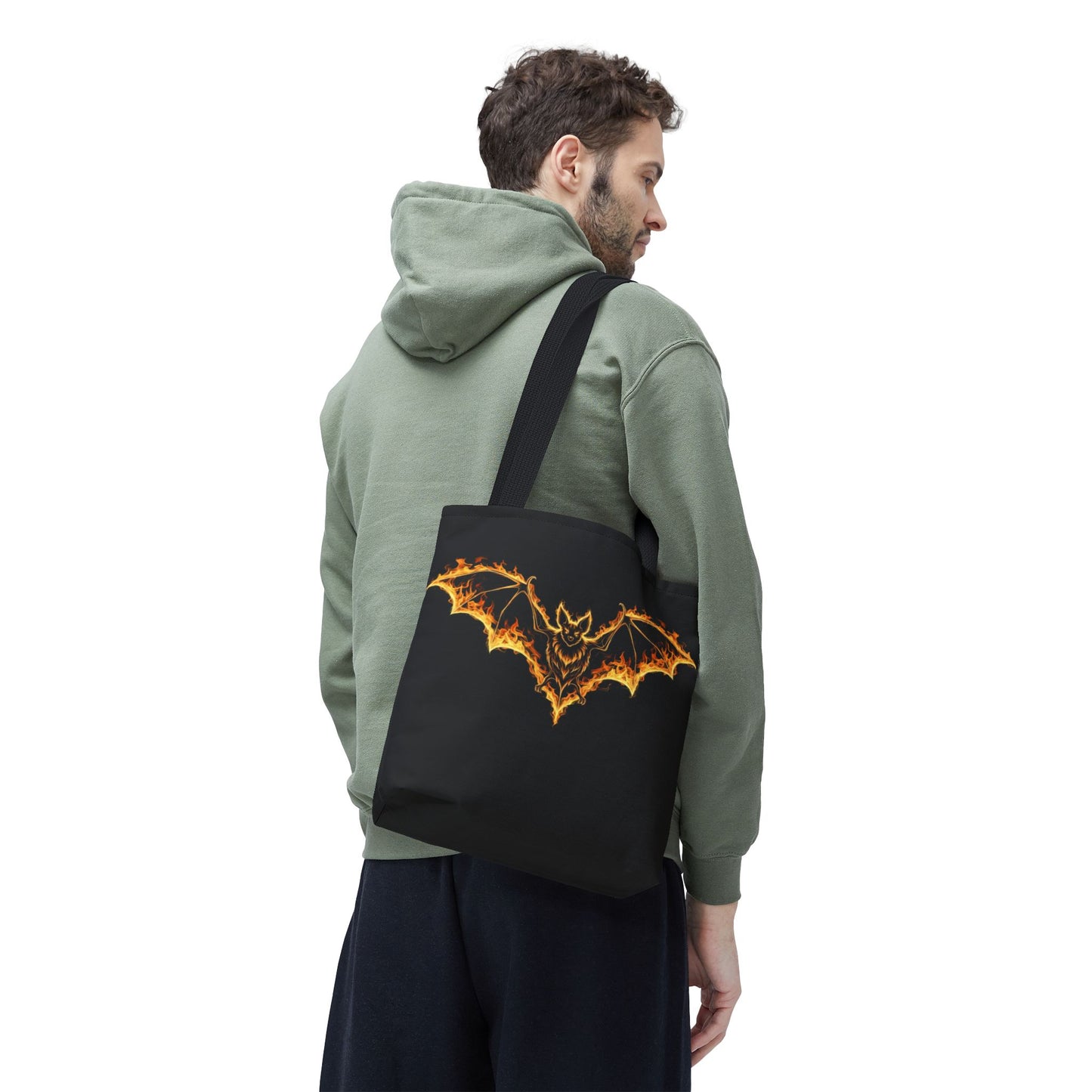 Flaming Bat Tote Bag, Gothic Halloween Canvas Tote, Fiery Wing Bat Design Tote, Spooky Season Accessory, Gothic Gift Tote
