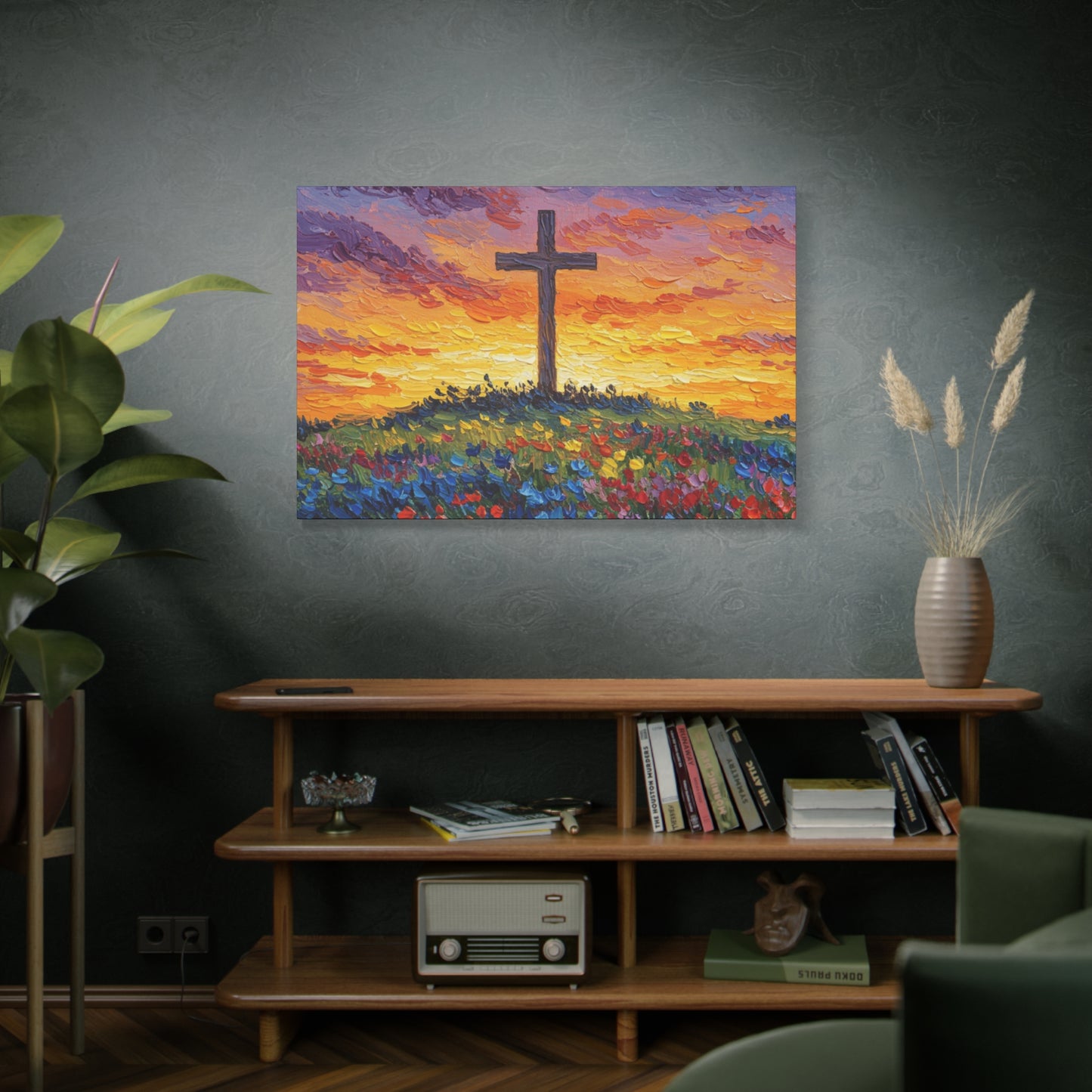 Van Gogh Inspired Inspirational Stretched Canvas Art - Sunset Cross Landscape