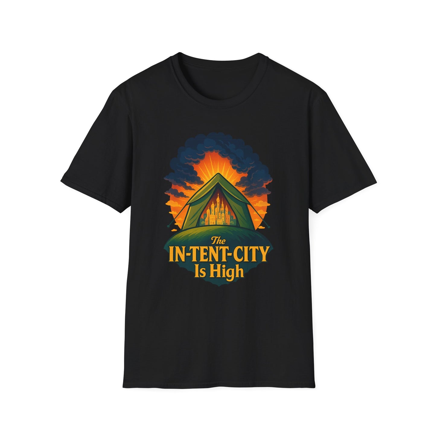 In-Tent-City Is High Camping Tee | Retro Tent Graphic T-Shirt for Hikers & Campers | Funny Outdoorsy Gift | Vintage Style Unisex Tee
