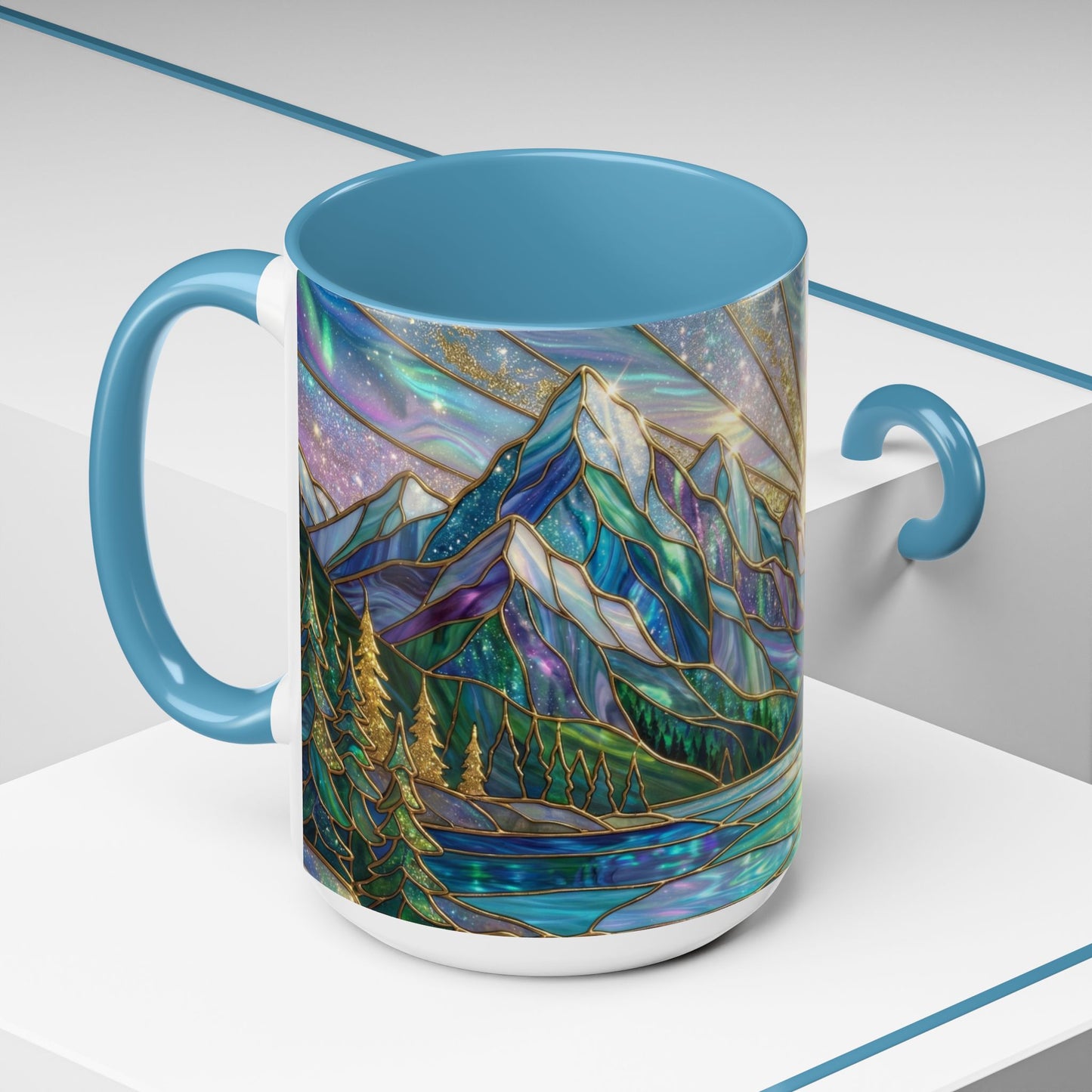 Stained Glass Mountain Mug, Mountain Landscape Coffee Cup, Galaxy Sky Nature Ceramic Mug, Sunrise River Forest Art, 11oz 15oz Gift