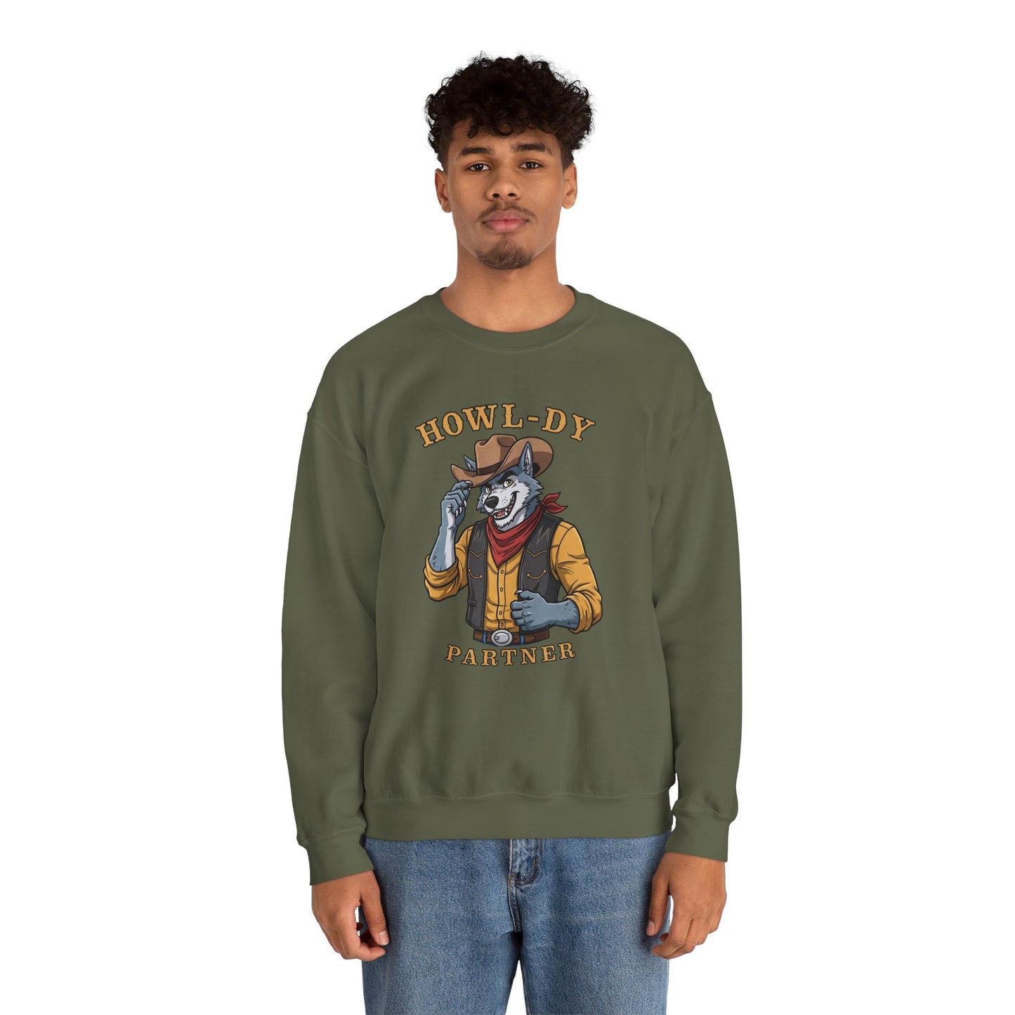 Howl-dy Partner Wolf Sweatshirt, Cowboy Werewolf Halloween Crewneck, Western Spooky Graphic Pullover for Animal Lover Gift Sweatshirt