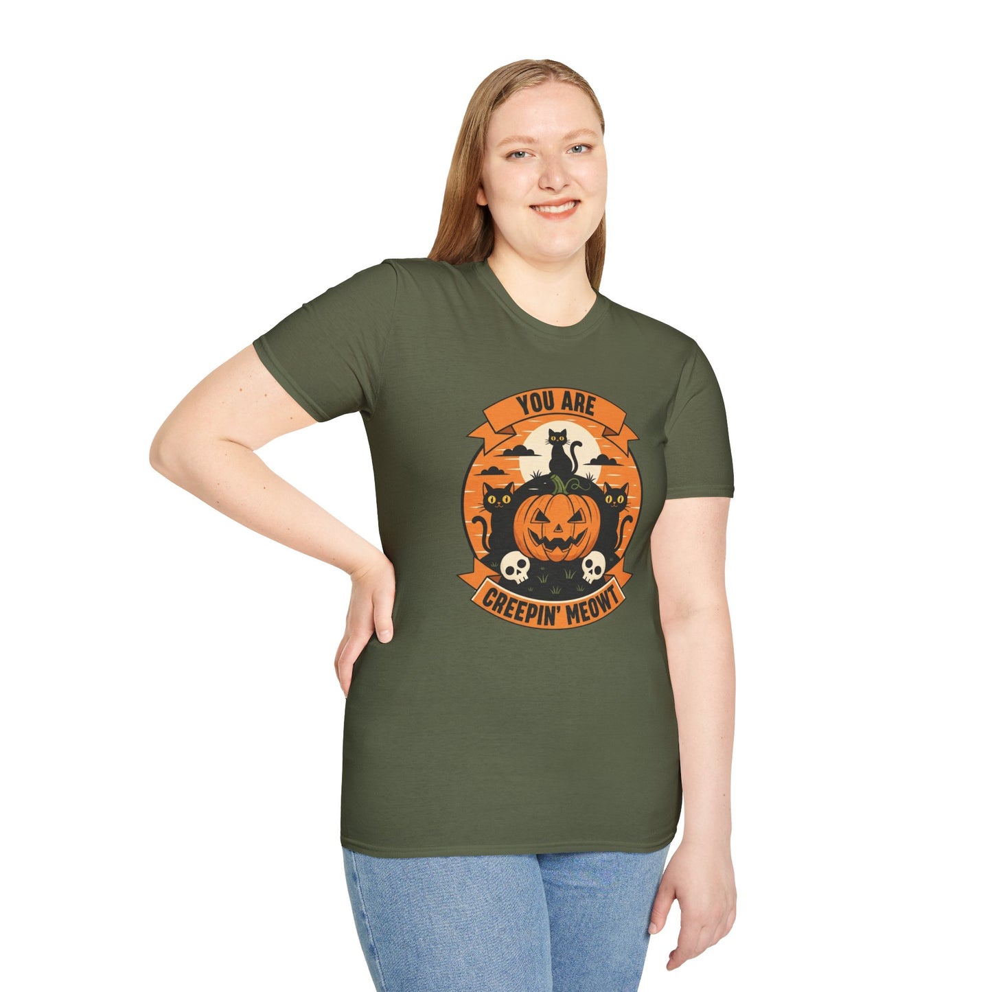 You Are Creepin' Meowt Halloween Cat T-Shirt | Funny Spooky Cat Tee | Black Cat Pumpkin Shirt | Cute Halloween Gift for Cat Lovers