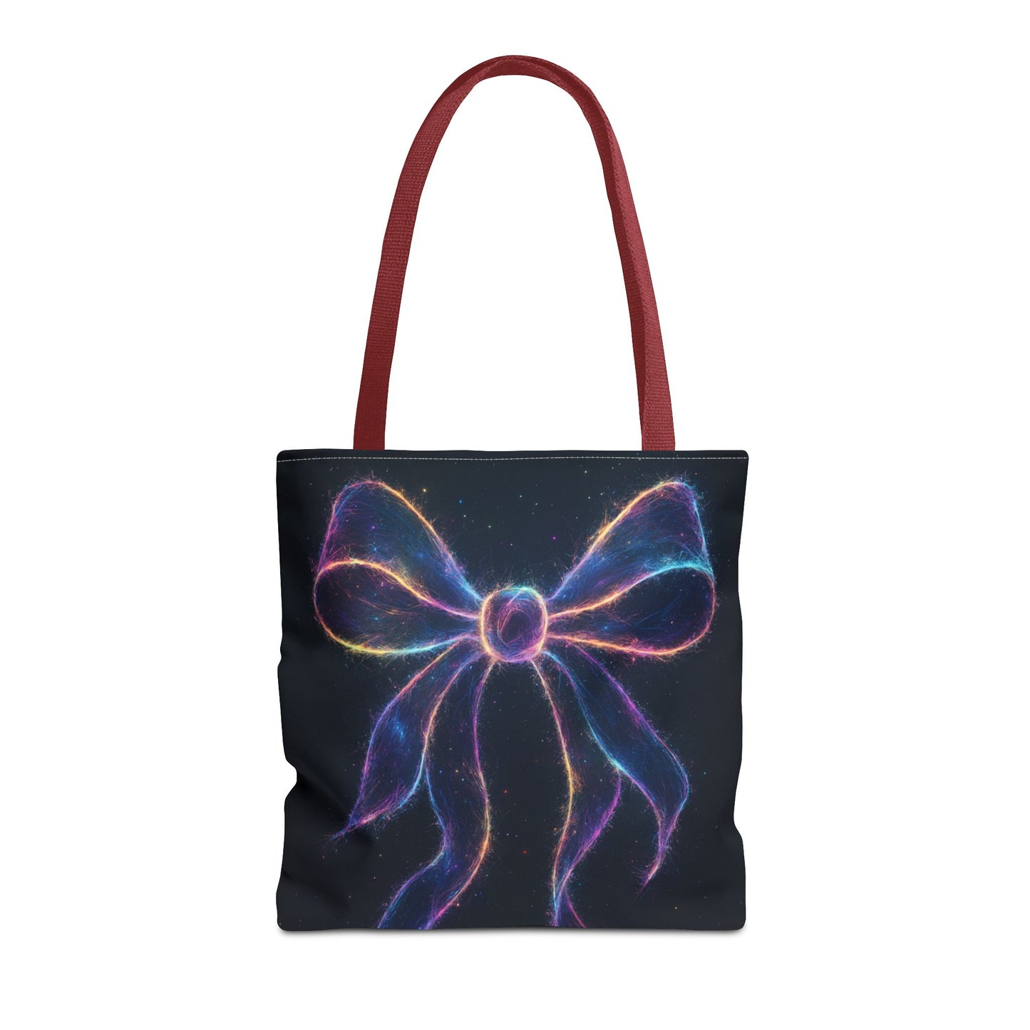 Galaxy Glow Bow Tote Bag, Cosmic Neon Ribbon Design, Black Space Art Bag, Celestial Gift For Her, Stylish Reusable Everyday Tote