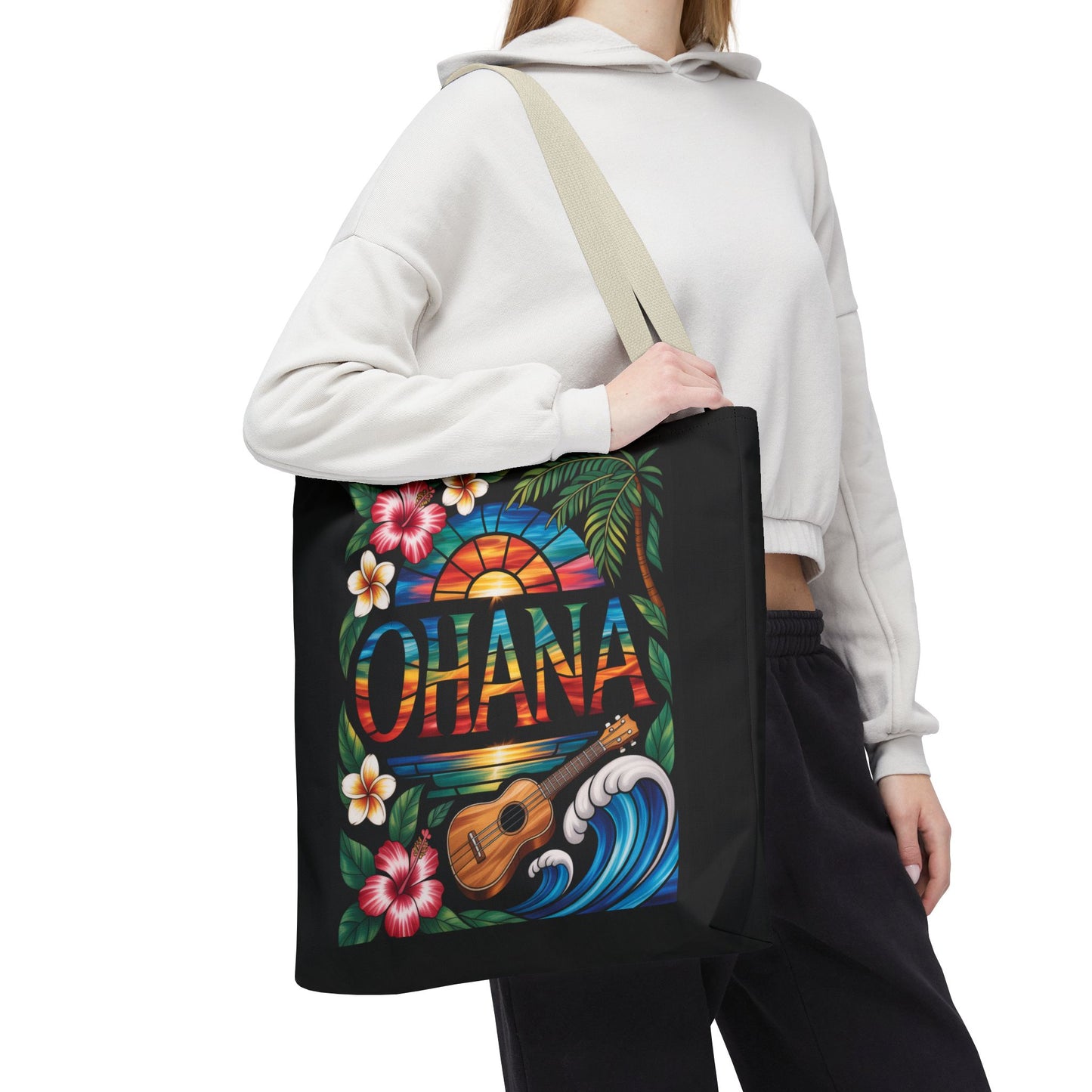 Ohana Tote Bag – Hawaiian Tropical Beach Bag with Ukulele, Sunset & Hibiscus Flowers, Island Gift for Women, Aloha Family Vibes
