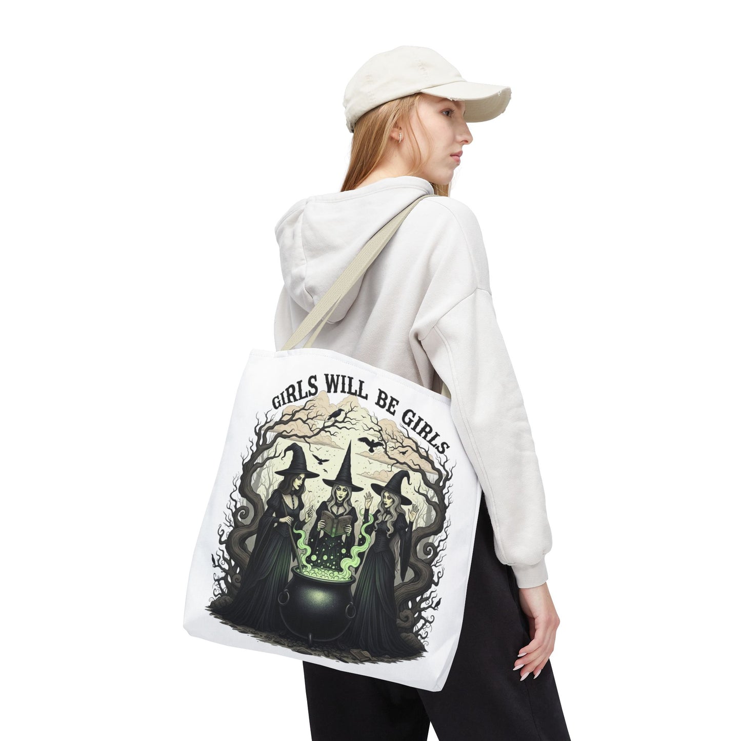Girls Will Be Girls Halloween Tote Bag, Witchy Aesthetic Bag, Gothic Witches Cauldron Art, Spooky Gift, Reusable Eco Tote For Halloween Lovers