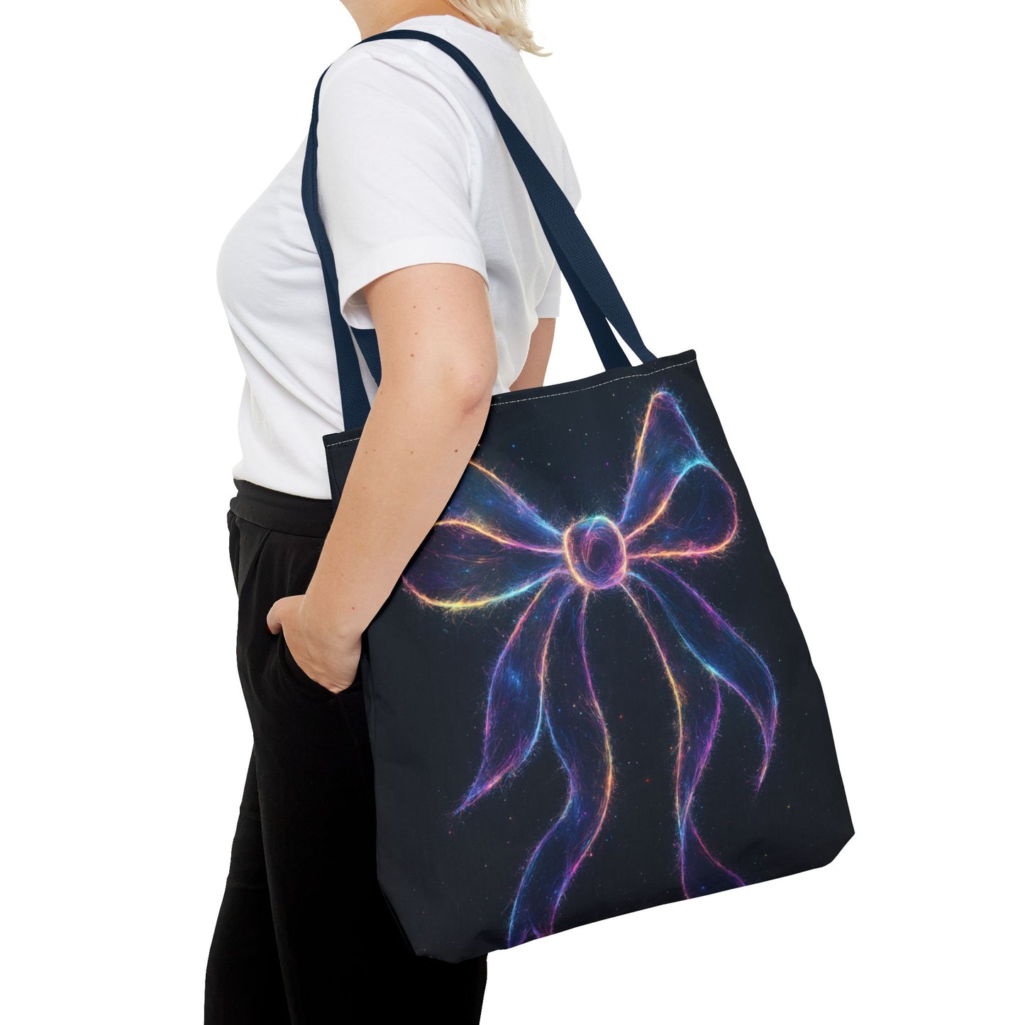 Galaxy Glow Bow Tote Bag, Cosmic Neon Ribbon Design, Black Space Art Bag, Celestial Gift For Her, Stylish Reusable Everyday Tote