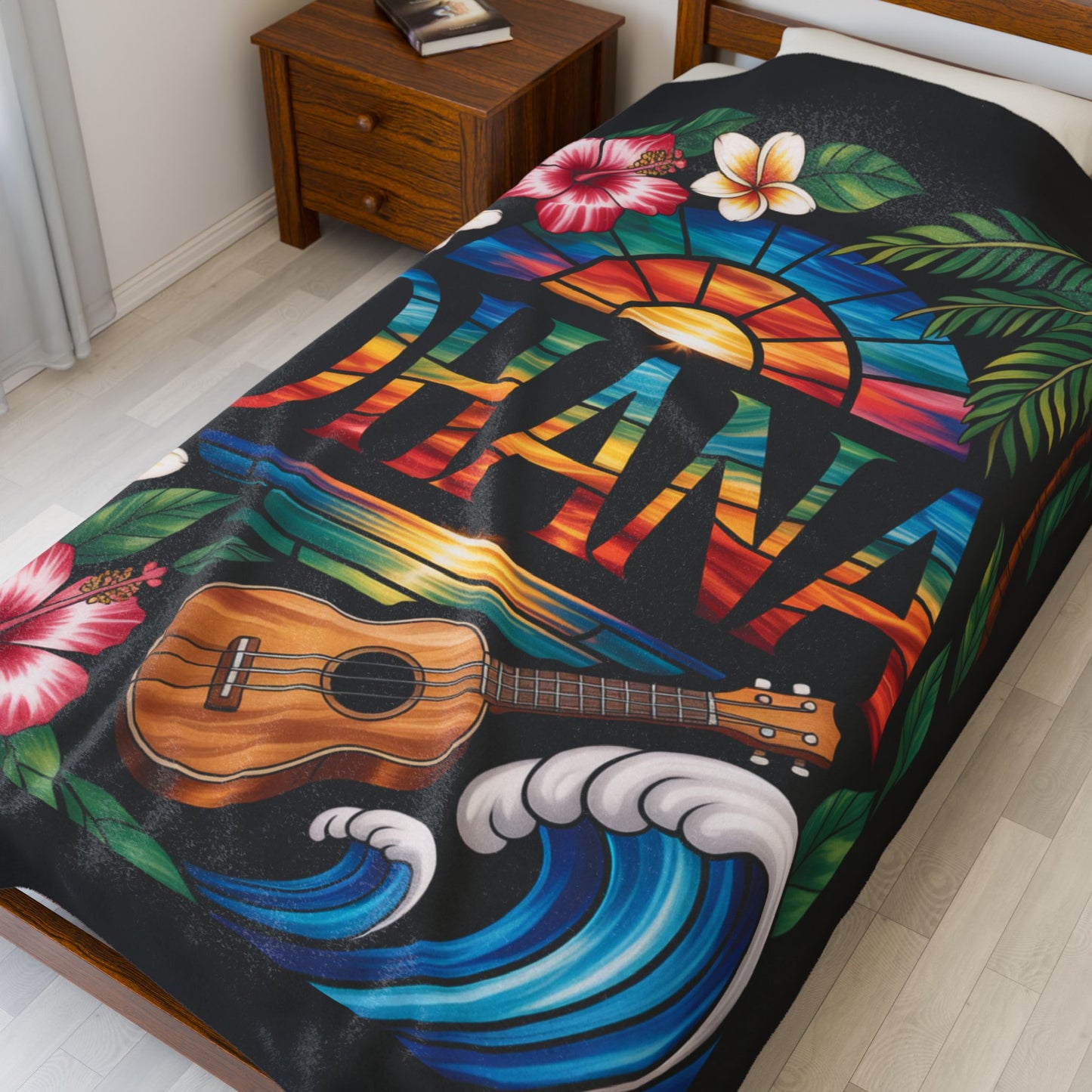 Hawaiian Ohana Blanket - Tropical Ukulele Sunset Throw with Hibiscus Flowers, Beach Waves - Cozy Island Vibes Bed Cover Gift