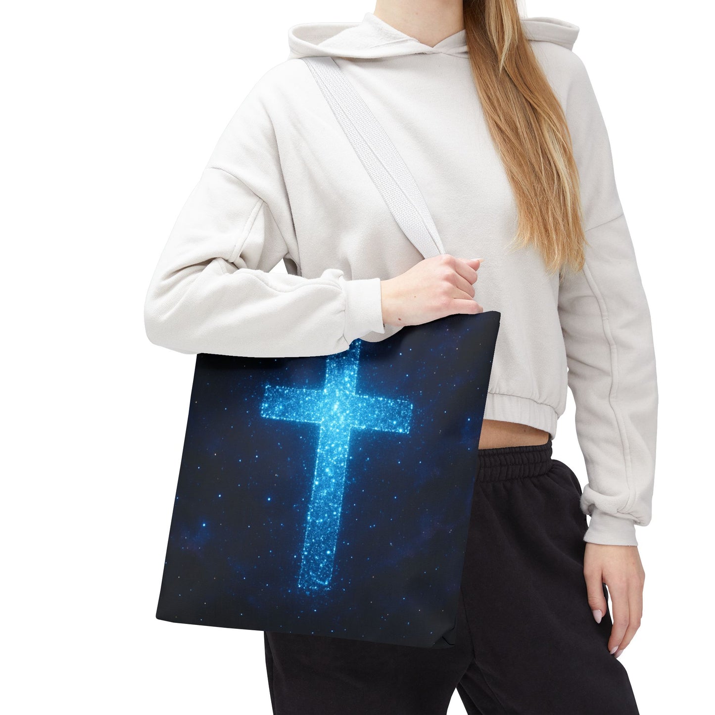 Sparkling Cross Tote Bag - Inspirational Blue Cosmic Bag Christian Tote Spiritual Bag Inspirational Tote Bag