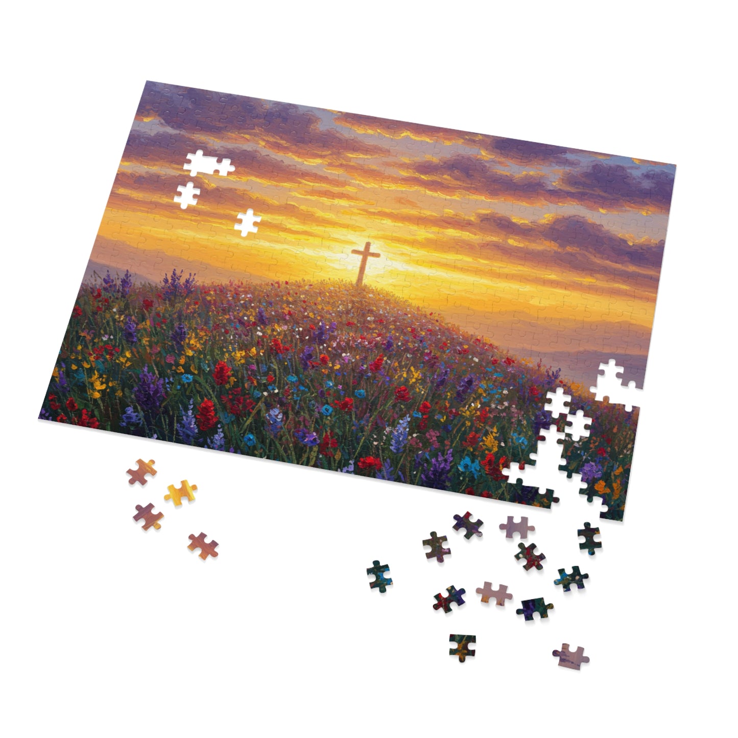 Jigsaw Puzzle: Cross on a Hill Monet Style Christian Game Cross Puzzle Inspirational Decor
