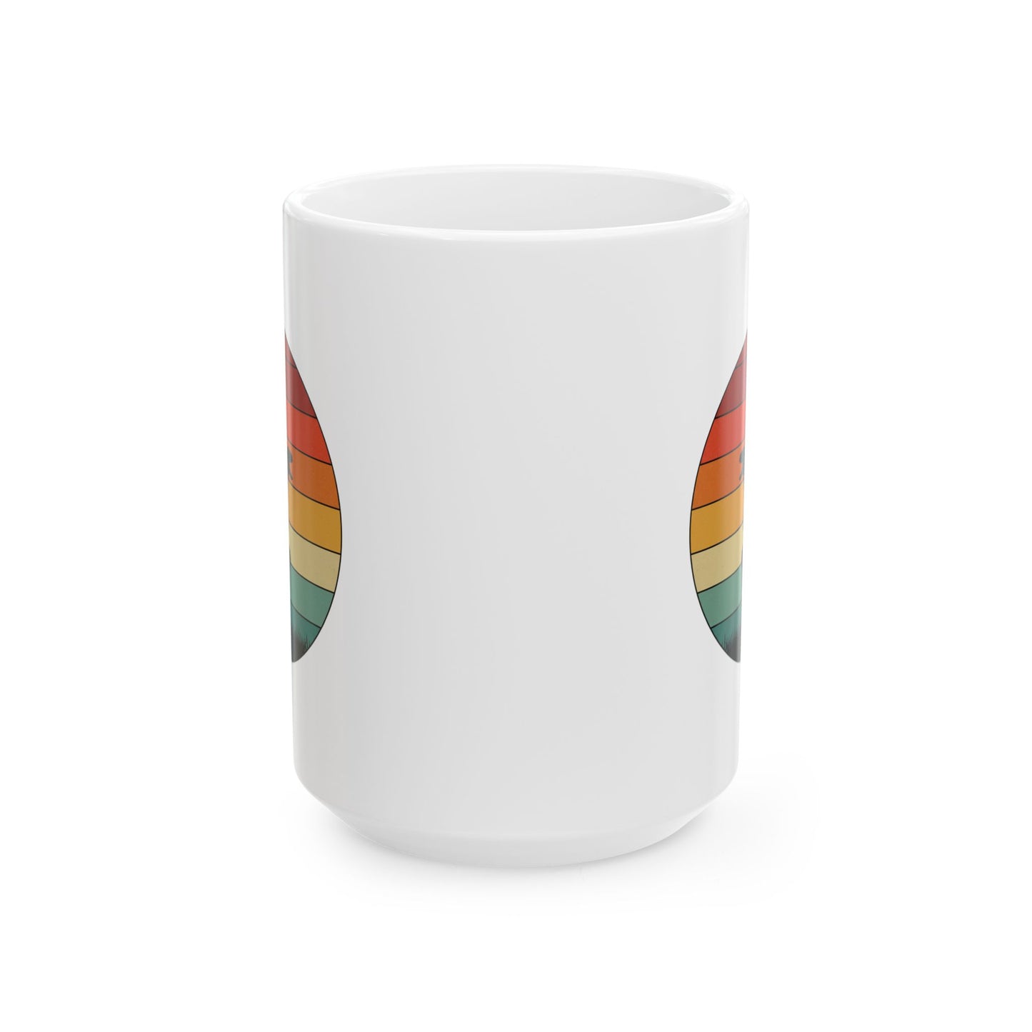 Retro Sunset Dinosaur Mug – Velociraptor Silhouette on Vintage Stripes, Jurassic Coffee Cup, Prehistoric Art Ceramic Mug, Dinosaur Lover Gift