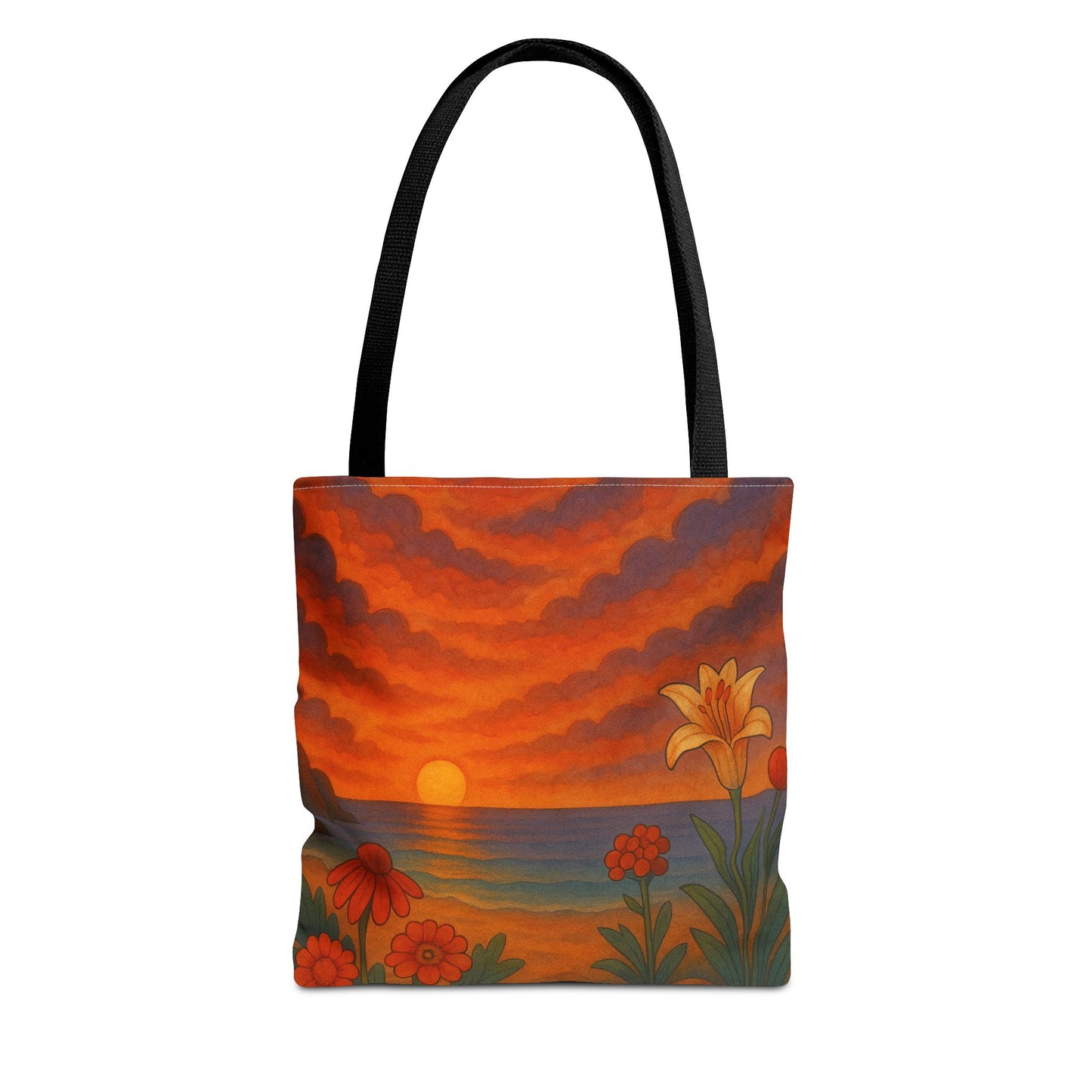 Retro Sunset Tote Bag with Wildflowers – Vibrant Floral Landscape Art, Nature-Inspired Reusable Bag, 70s Style Summer Accessory