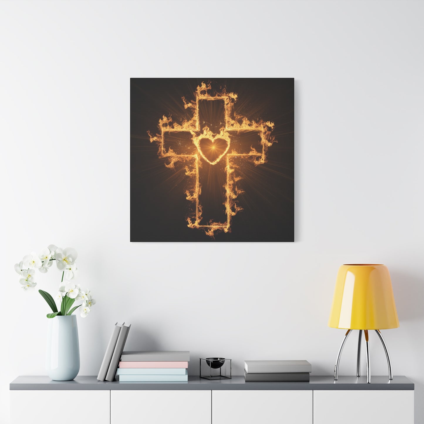 Flaming Heart and Cross Christian Wall Art Canvas