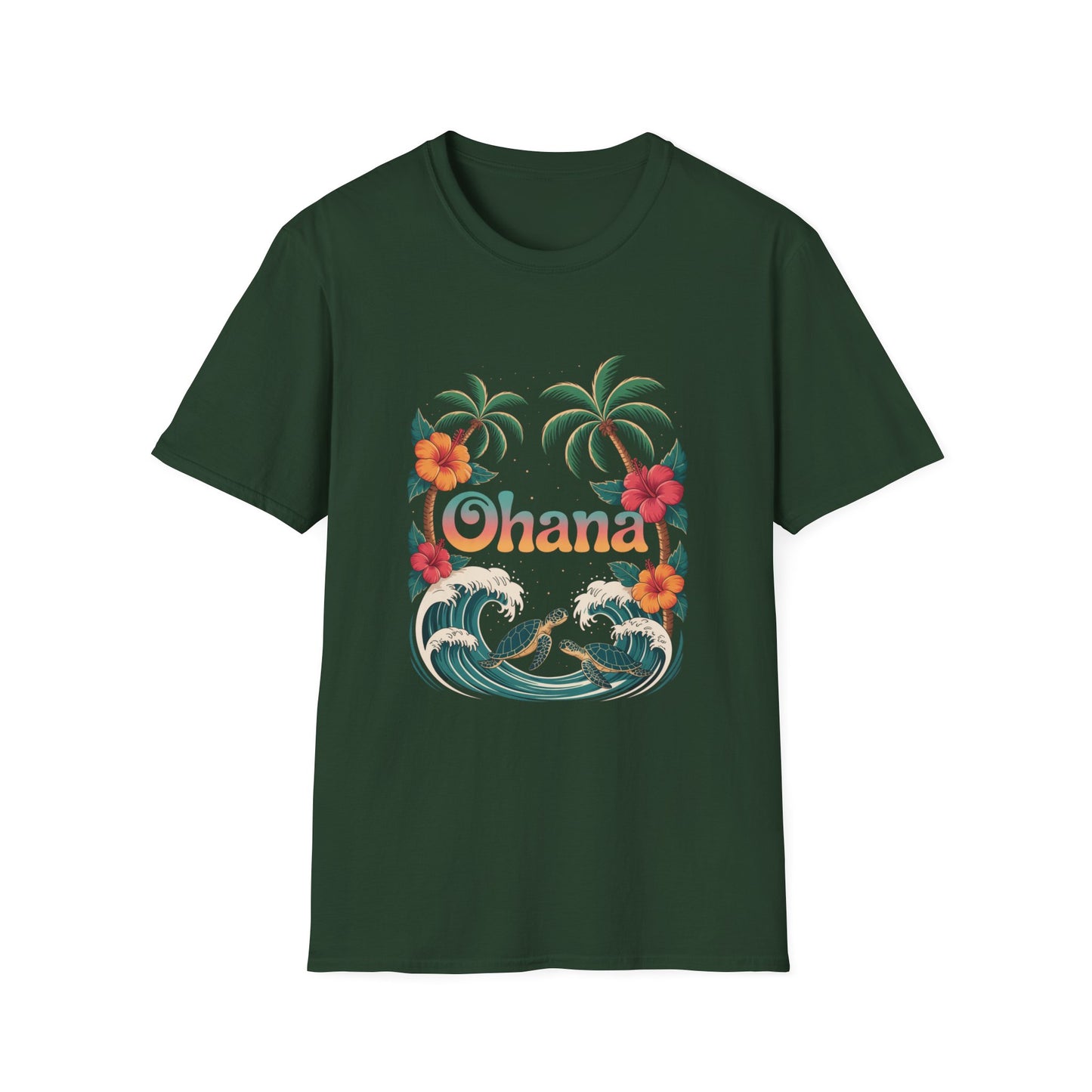 Ohana Shirt - Retro Hawaiian Sea Turtle & Palm Tree Graphic Tee - Tropical Beach Family Gift, Summer Vacation Aesthetic T-Shirt