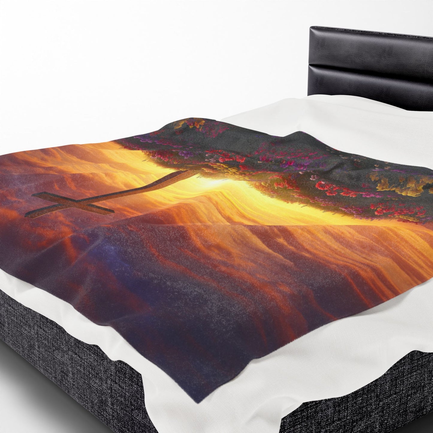 Velveteen Plush Blanket DaVinci Style Cross Hill Painting Christian Blanket Spiritual Decor Religious Throw Gift for Believers