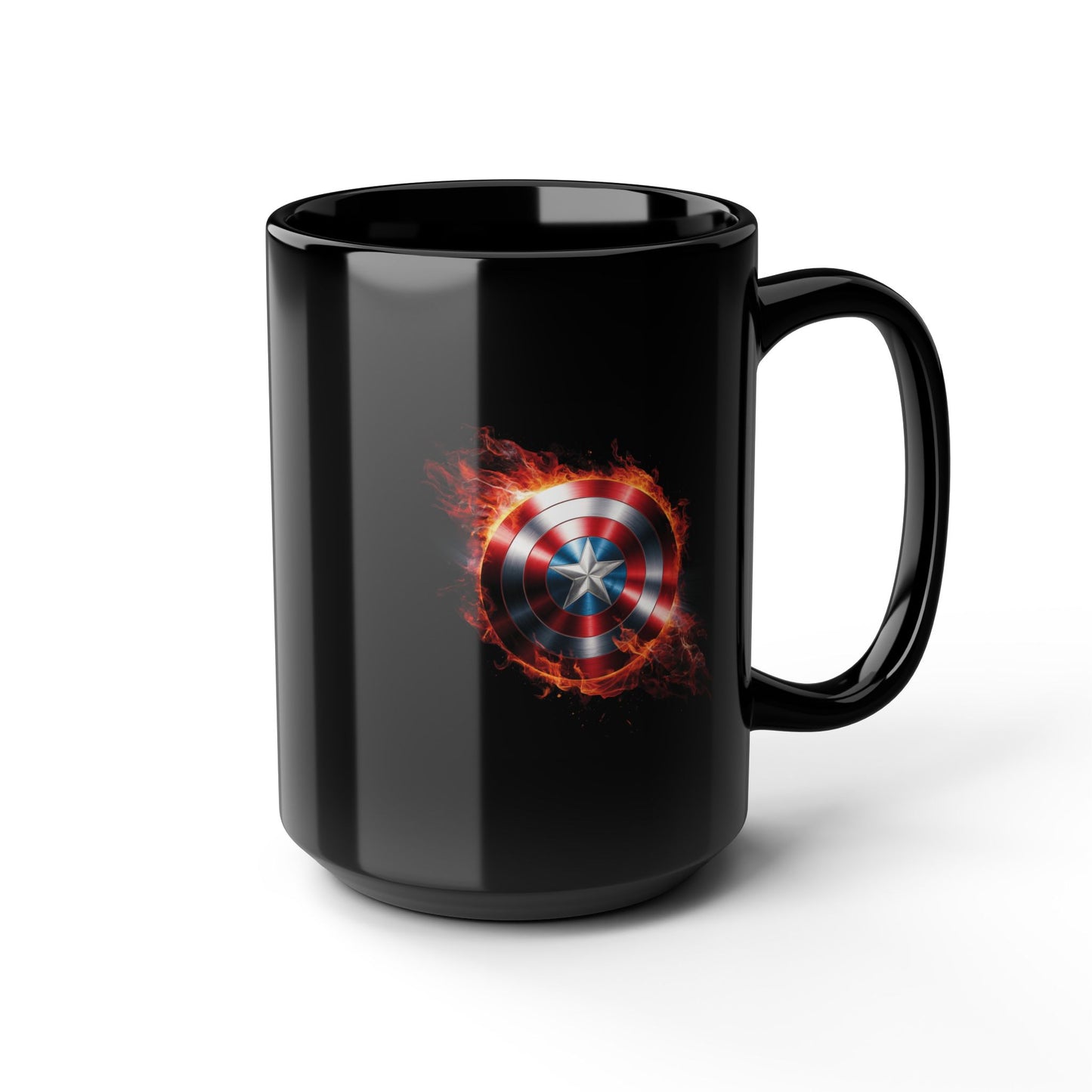 Flaming Shield Emblem Mug - Fiery Red White Blue Star Coffee Cup, Metal-Inspired Symbol Design, Bold Hero Vibes Gift for Fans and Coffee Lovers