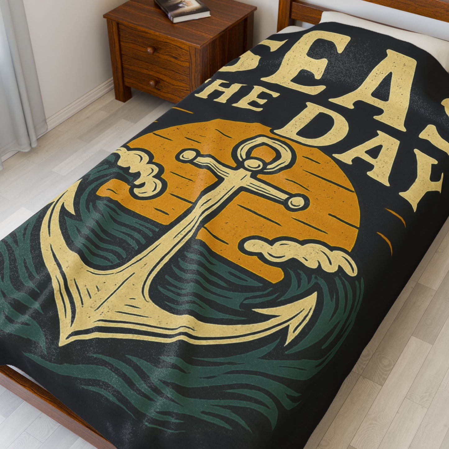Seas the Day Blanket – Nautical Anchor Throw, Coastal Fleece Blanket, Ocean Sunset Gift