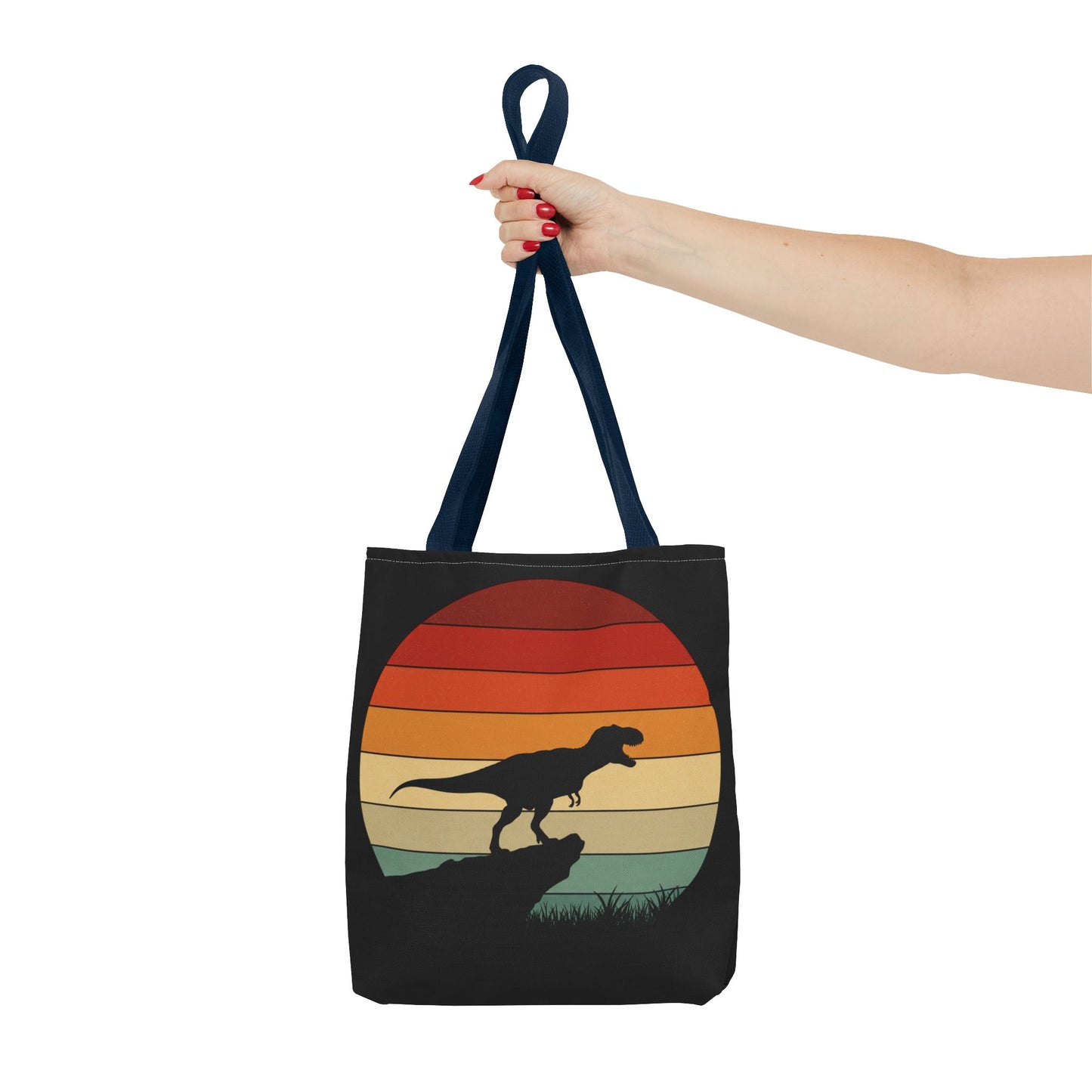 Retro Dinosaur Sunset Tote Bag | AOP Canvas Shopper - Eco Beach Bag for Dino Lovers and Kids, All-Over Print Summer Travel Gift