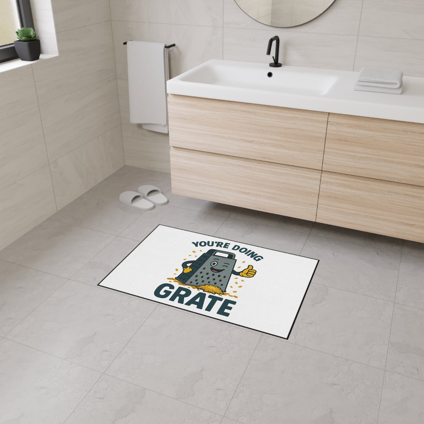 Funny Kitchen Mat – “You’re Doing Grate” Floor Rug, Cheese Grater Pun Mat, Cute Home Gift for Friends or Foodies
