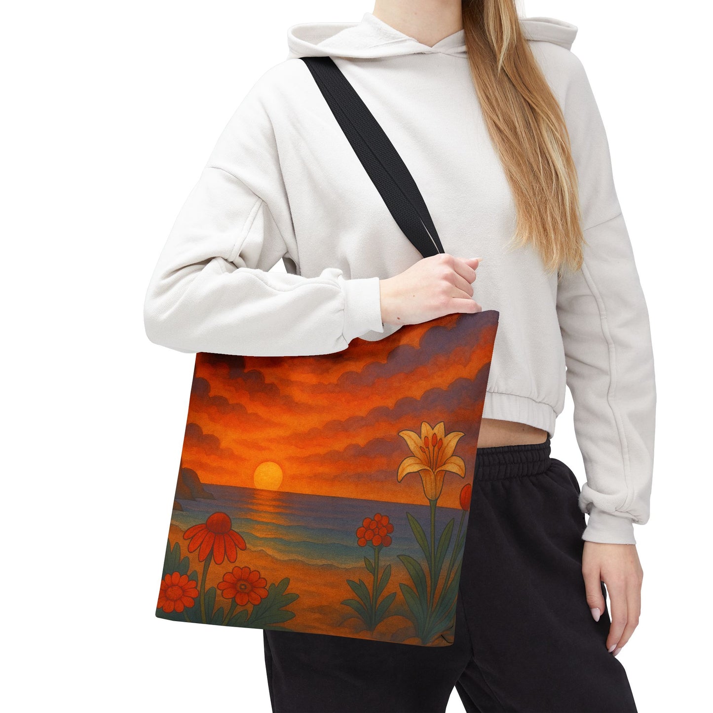 Retro Sunset Tote Bag with Wildflowers – Vibrant Floral Landscape Art, Nature-Inspired Reusable Bag, 70s Style Summer Accessory