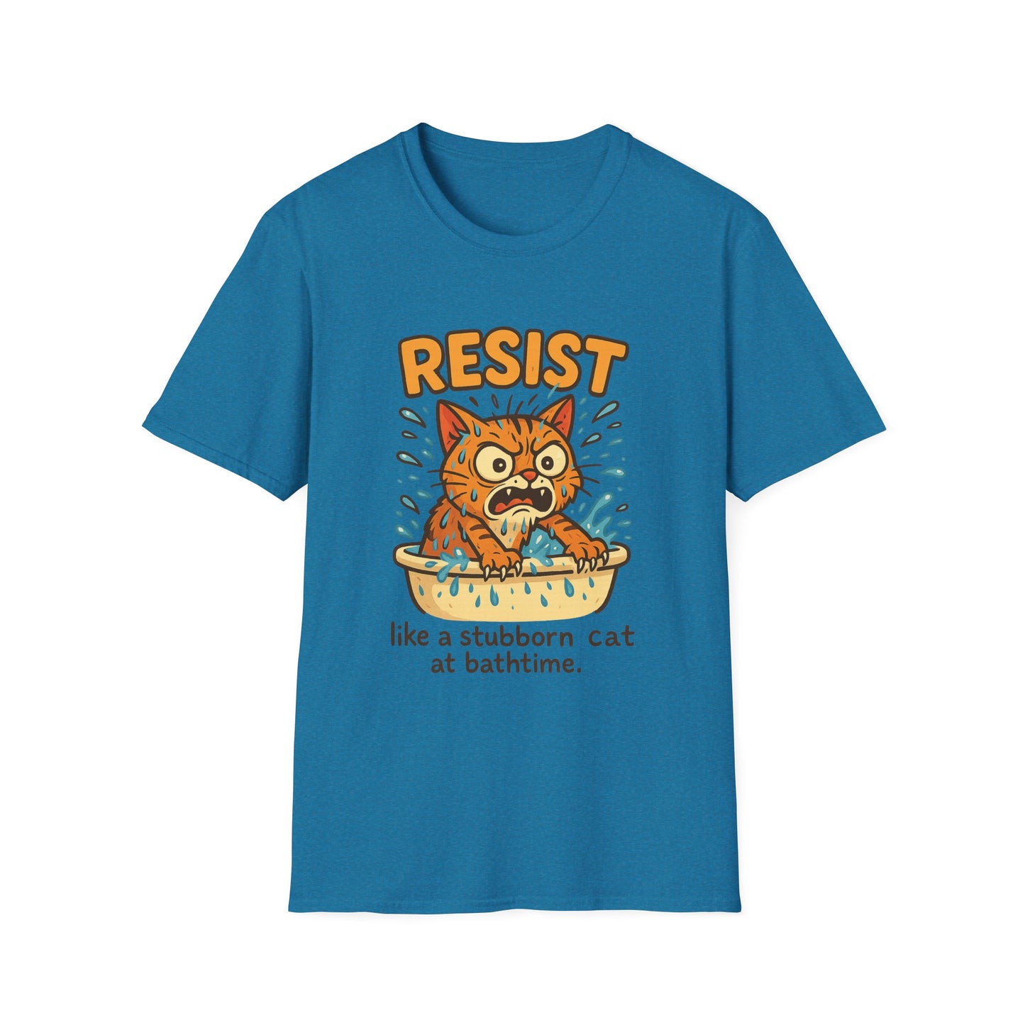Resist Like A Stubborn Cat At Bathtime Funny Cat Lover Graphic Tee - Quirky Self Care Shirt - Gift For Pet Moms, Dads and Humor Fans