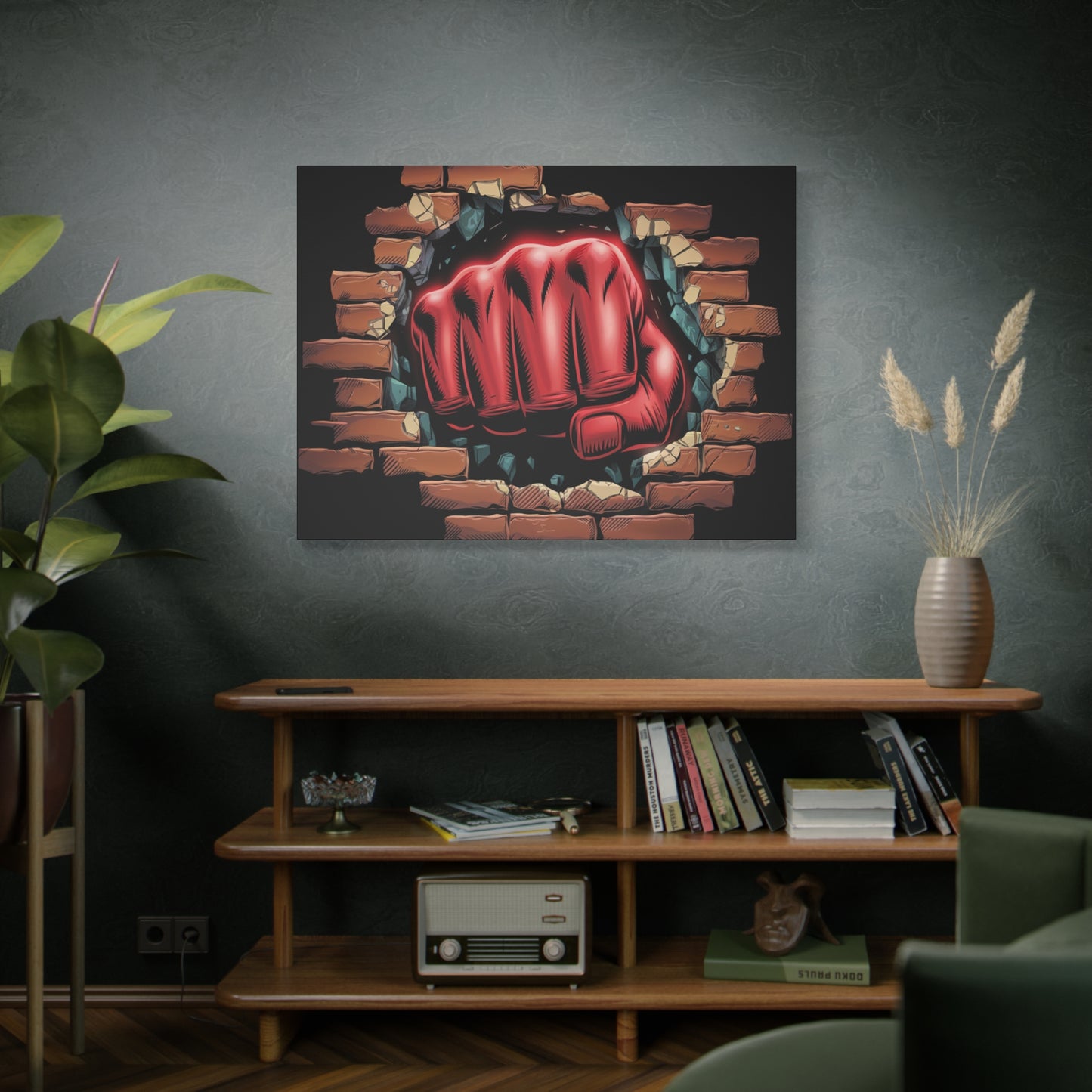 Canvas Wall Art - Red Fist Smashing Through Wall