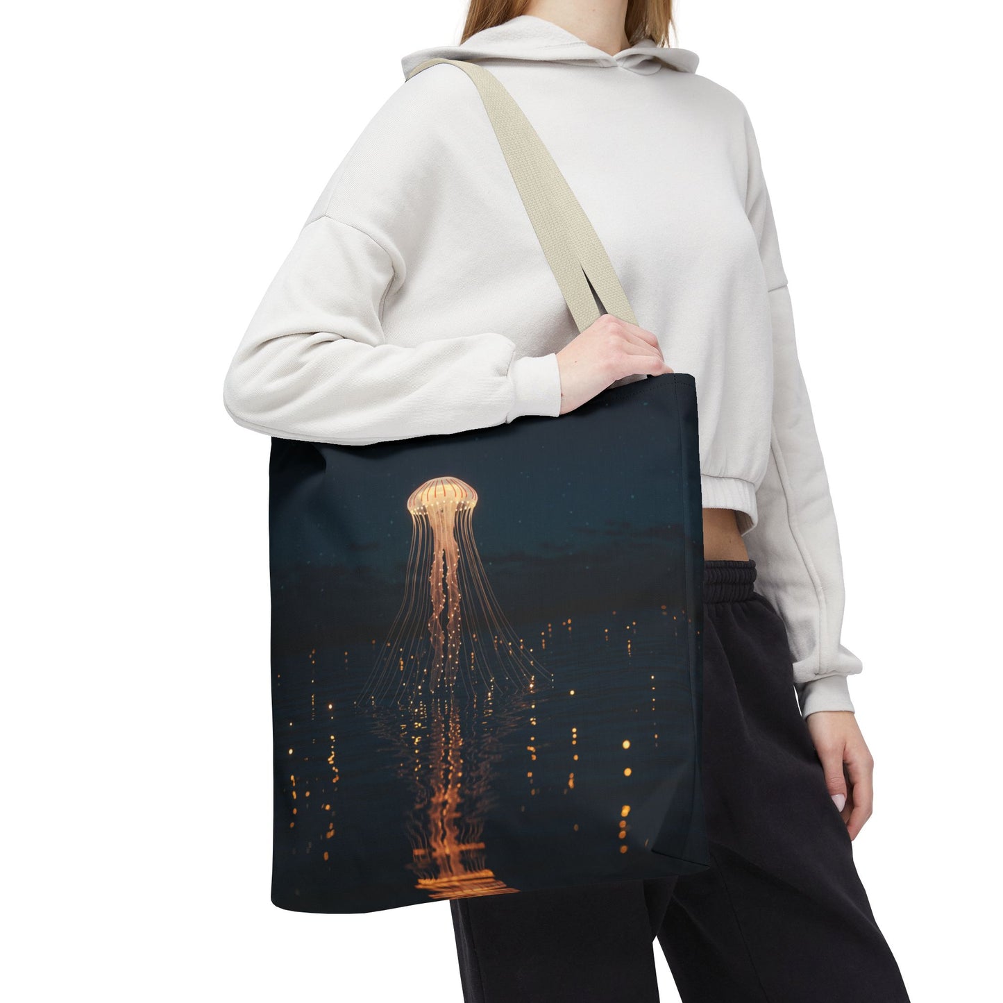 Luminous Jellyfish Tote Bag, Glow-Inspired Ocean Design Shoulder Bag, Durable Polyester Tote For Everyday Style, Gifts, And Coastal Fashion