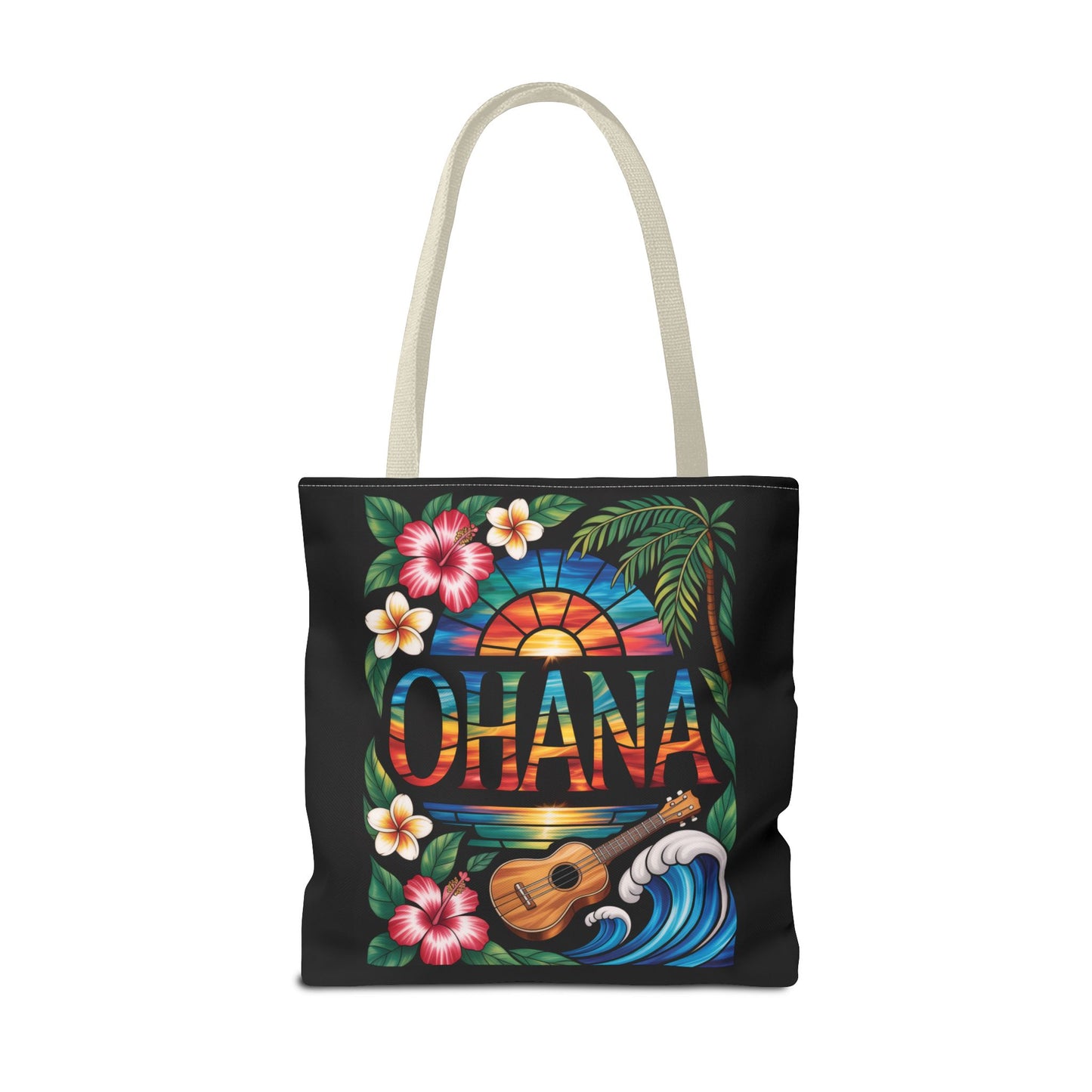 Ohana Tote Bag – Hawaiian Tropical Beach Bag with Ukulele, Sunset & Hibiscus Flowers, Island Gift for Women, Aloha Family Vibes