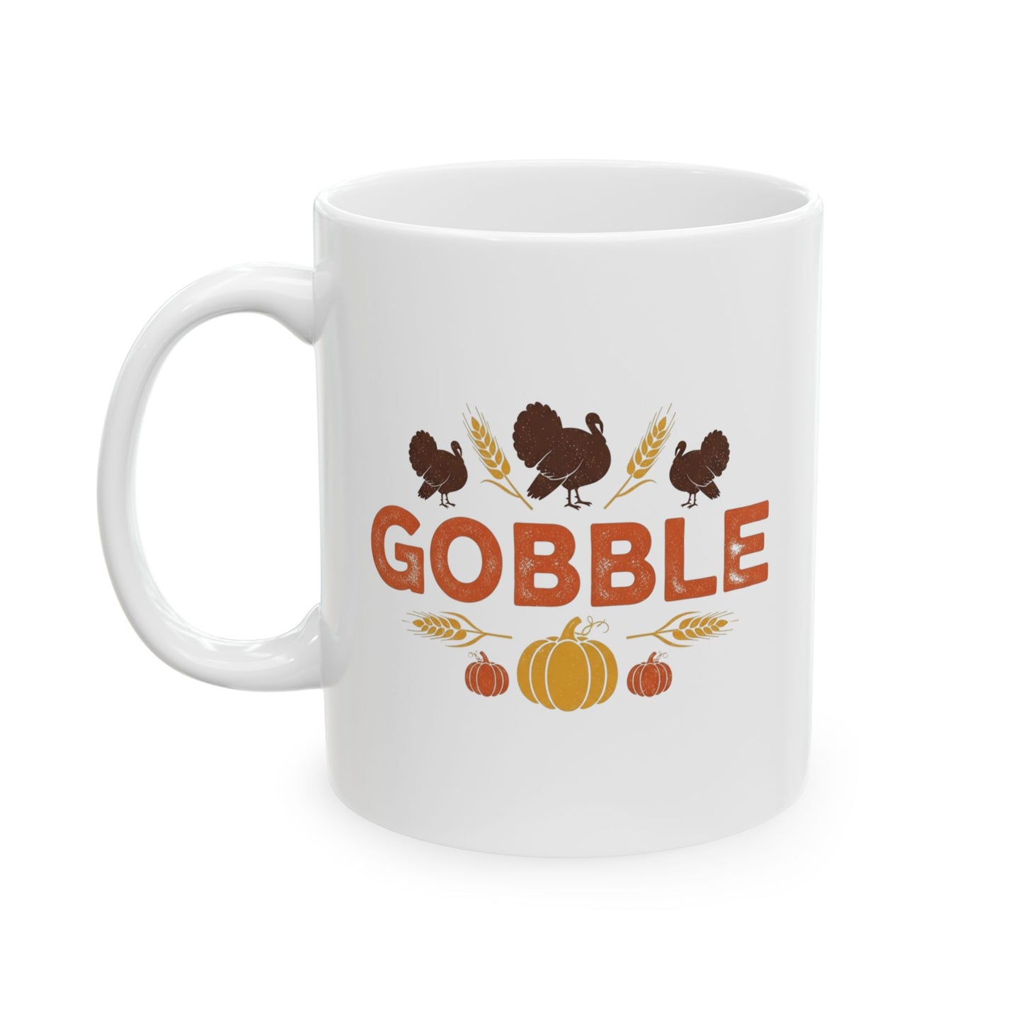 Gobble Thanksgiving Mug, Fall Turkey Coffee Cup With Pumpkins And Harvest Design, Festive Autumn Ceramic Mug For Holiday Decor And Gifts