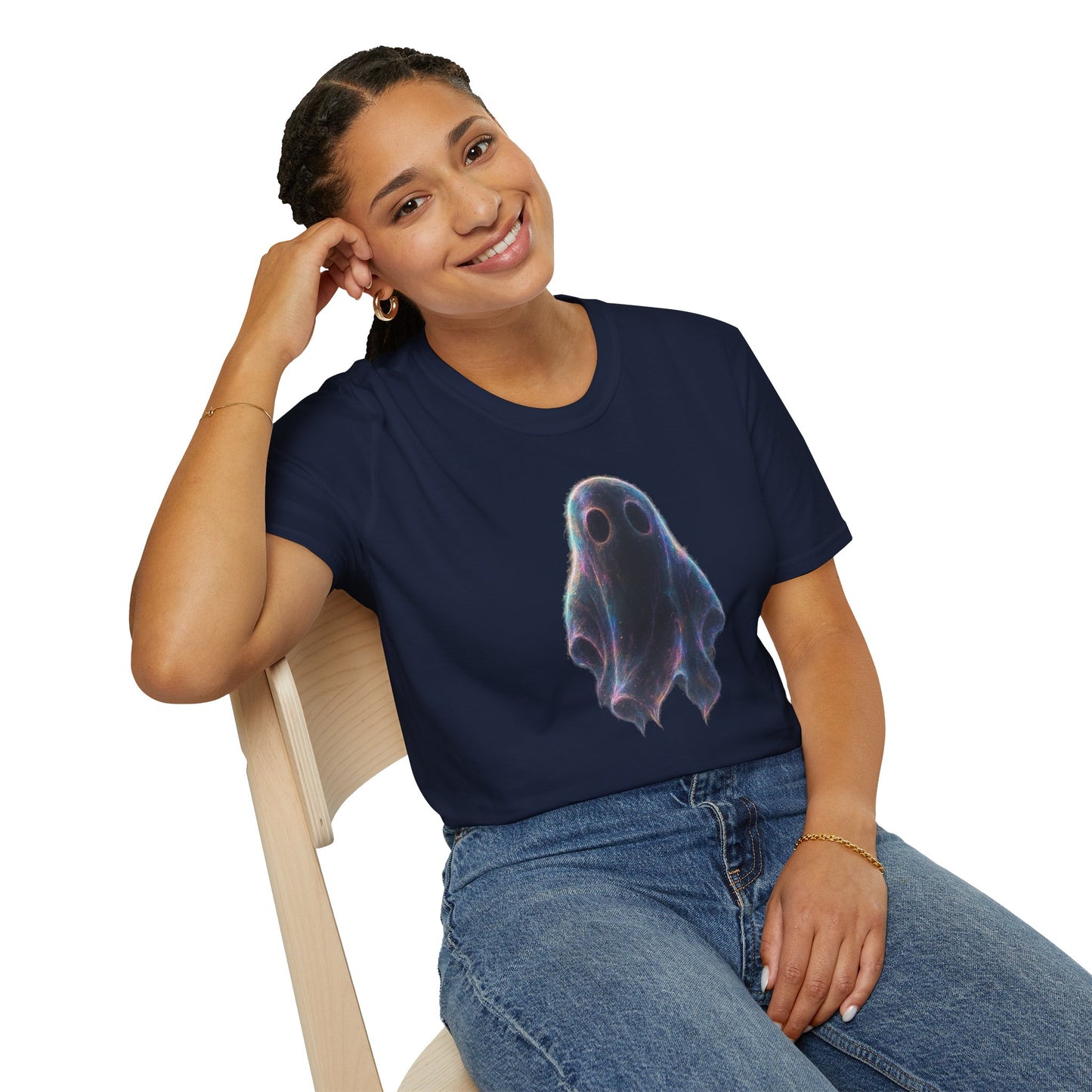 Ethereal Neon Ghost Tee - Iridescent Ghost Graphic T-Shirt, Spooky Aesthetic Halloween Shirt, Vibrant Vaporwave Ghost Tee for Fall