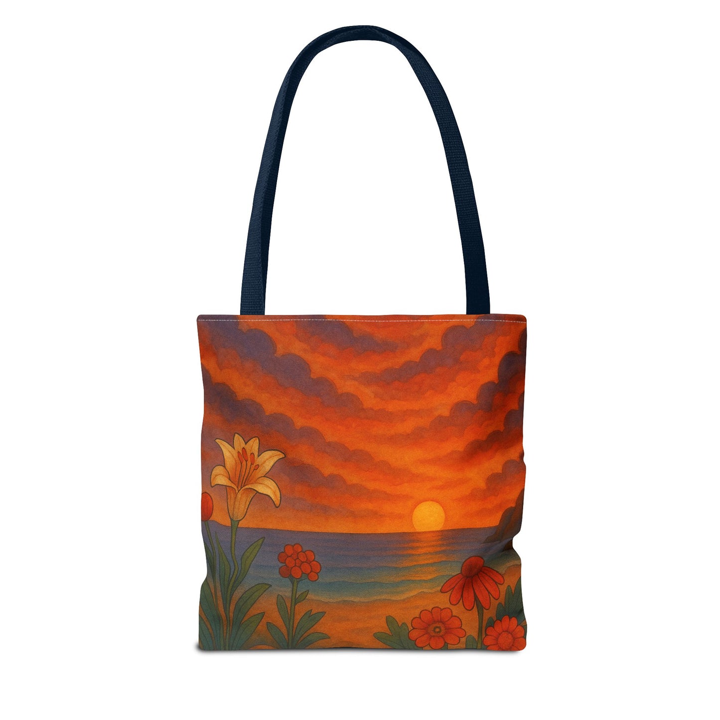 Retro Sunset Tote Bag with Wildflowers – Vibrant Floral Landscape Art, Nature-Inspired Reusable Bag, 70s Style Summer Accessory