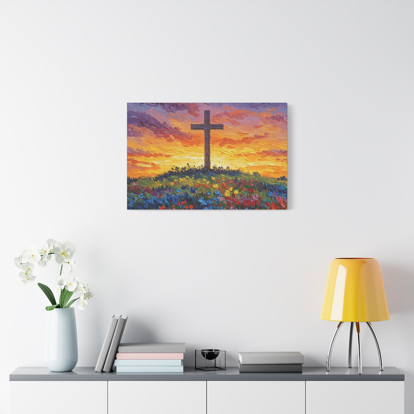 Van Gogh Inspired Inspirational Stretched Canvas Art - Sunset Cross Landscape