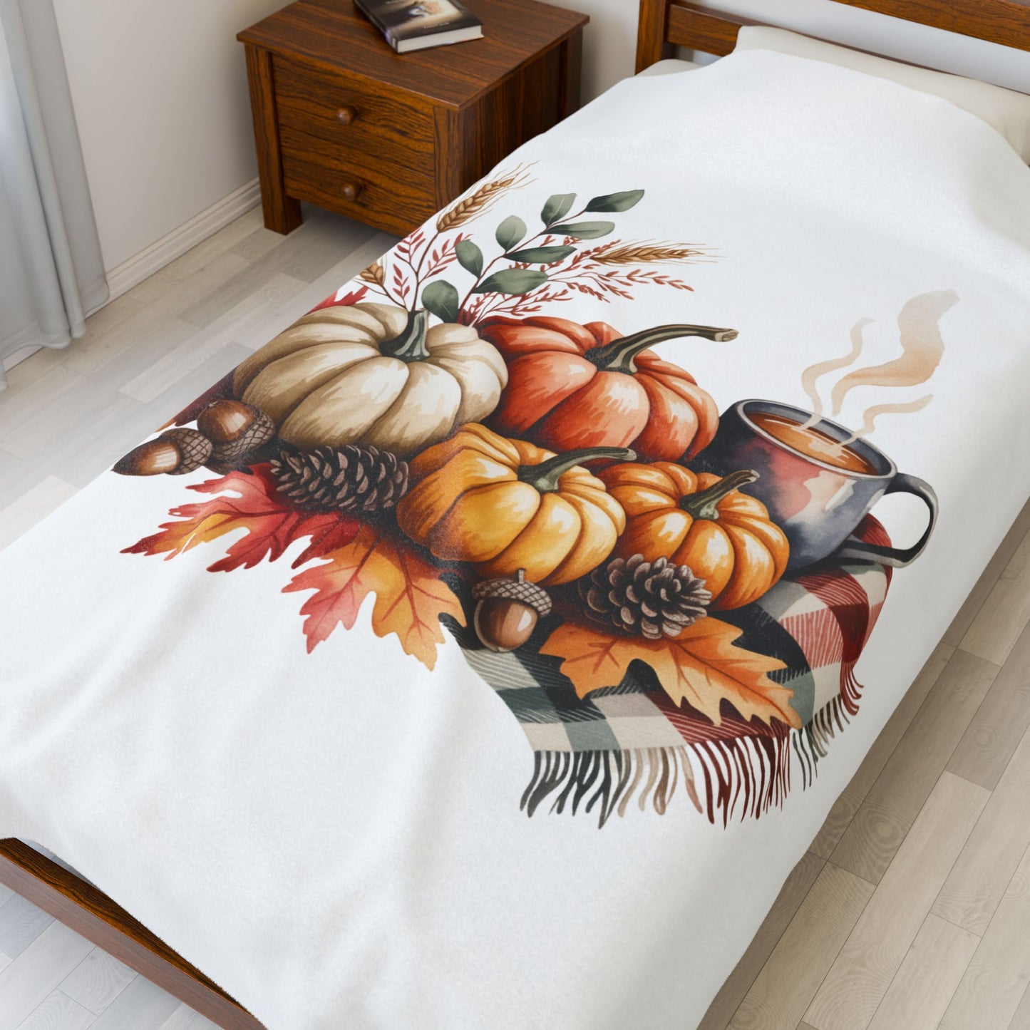 Pumpkin Plaid Fall Blanket, Cozy Autumn Throw Blanket With Pumpkins And Coffee Mug, Thanksgiving Decor, Soft Fleece Blanket Gift For Home
