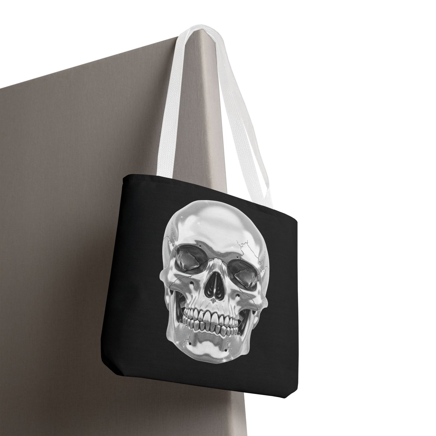 Chrome Skull Tote Bag, Gothic Halloween Canvas Tote, Metallic Skull Design Bag, Spooky Season Accessory, Skull Gift Tote For Horror Fans