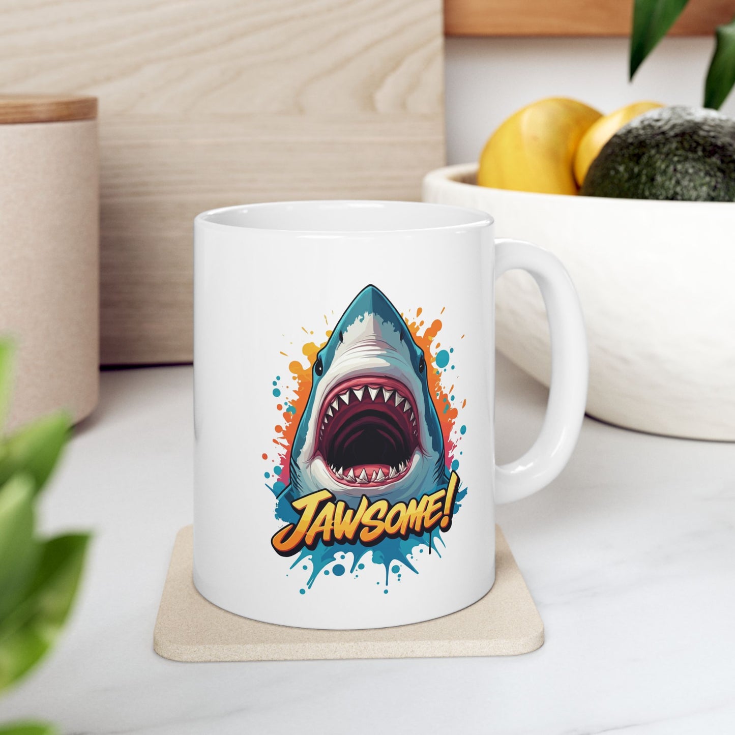 “JAWSOME!” Shark Mug | Funny Shark Coffee Mug | Punny Ocean Lover Gift | Shark Lover Cup | Bold Marine Art Mug | Unique Animal Pun Mug