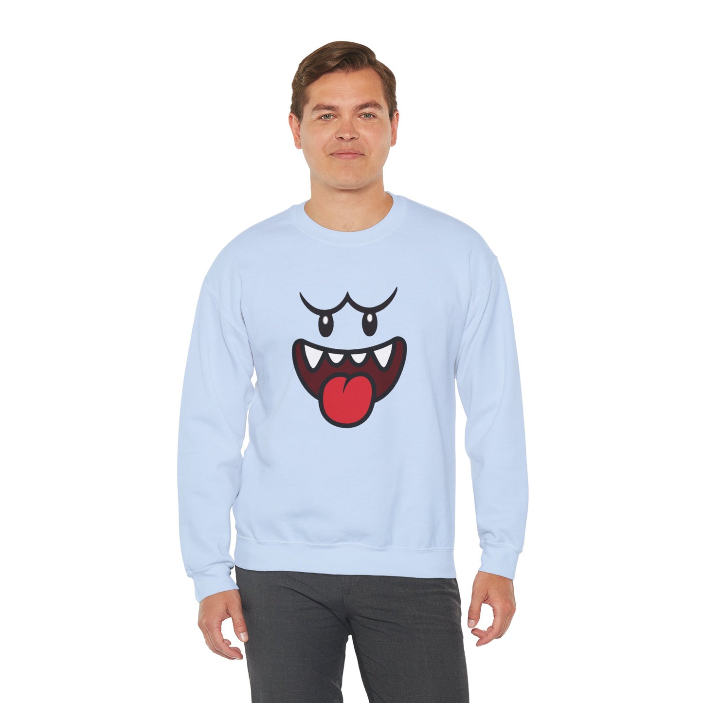 Spooky Grin Sweatshirt, Cartoon Ghost Face Crewneck, Halloween Grinning Ghost Sweatshirt, Cute Monster Smile Pullover, Spooky Season Graphic Sweat