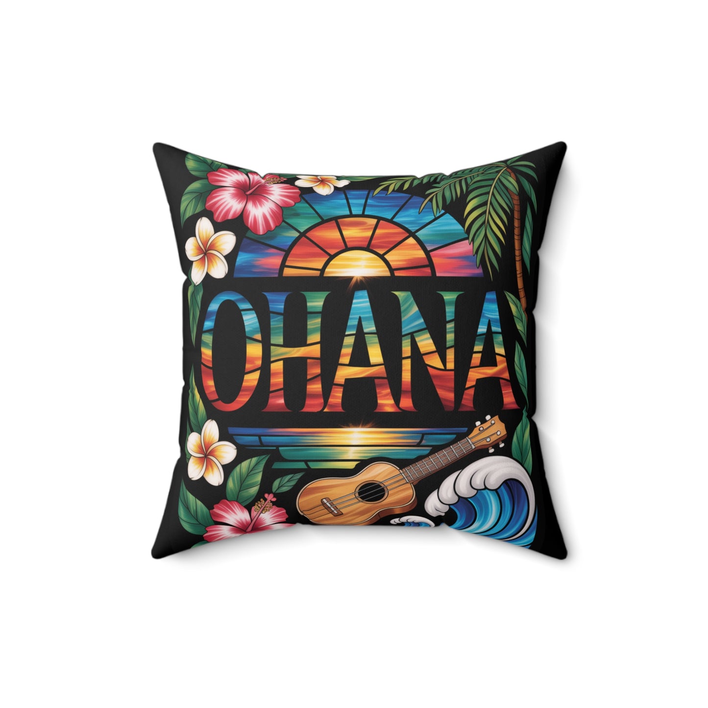Ohana Throw Pillow – Hawaiian Sunset Cushion with Ukulele & Tropical Flowers, Aloha Decor, Beach House Accent, Family Gift, Island Living