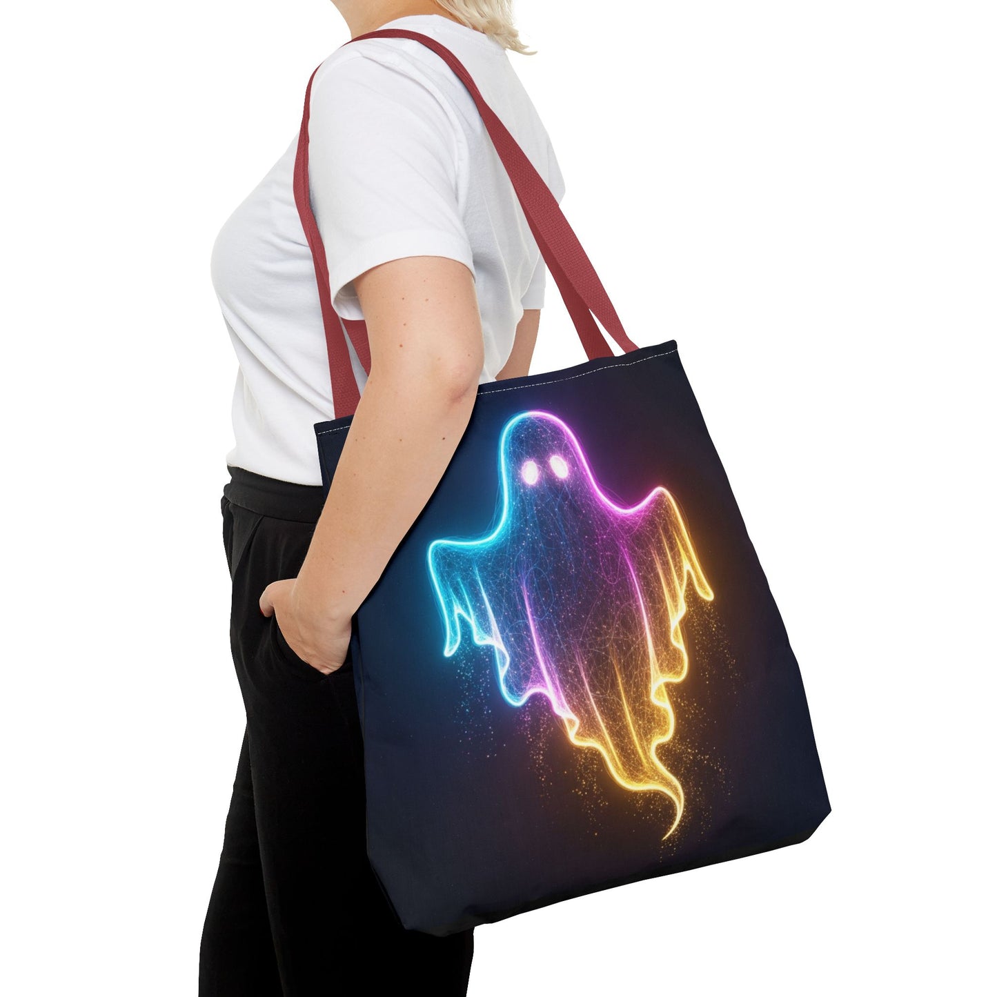 Neon Ghost Tote Bag - Bright Colorful Ghost Print Shoulder Tote, Spooky Cute Reusable Canvas Bag, Halloween Aesthetic Everyday Carry